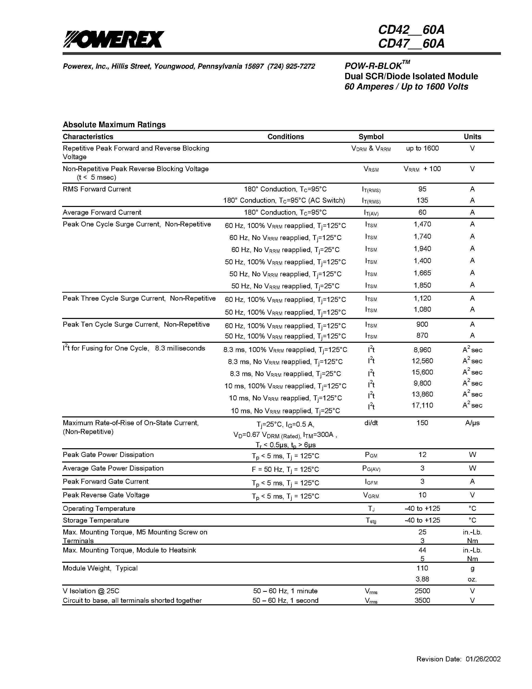 Datasheet CD420860 - POW-R-BLOK Dual SCR/Diode Isolated Module 60 Amperes / Up to 1600 Volts page 2