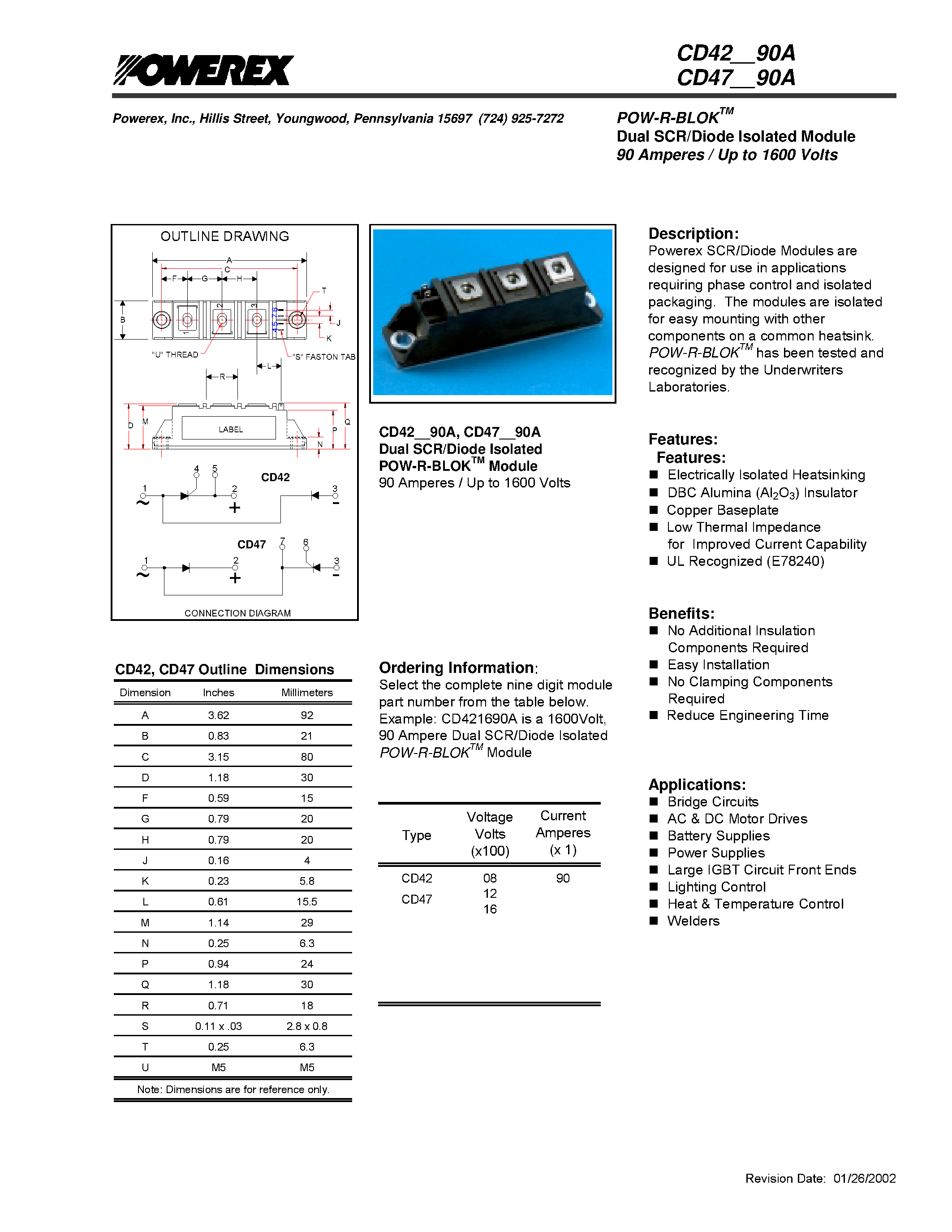 Datasheet CD420890A - POW-R-BLOK Dual SCR/Diode Isolated Module 90 Amperes / Up to 1600 Volts page 1