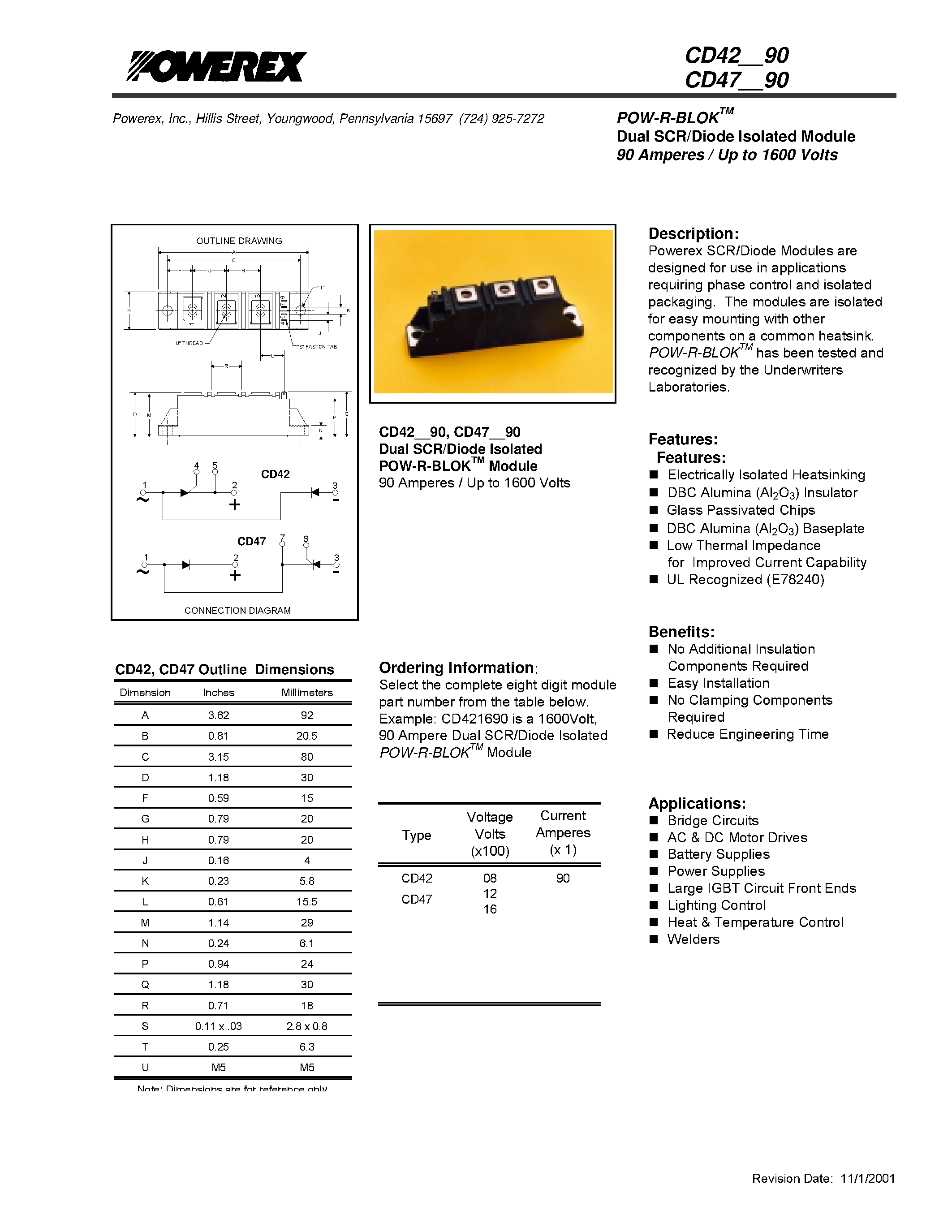 Datasheet CD421290 - POW-R-BLOK Dual SCR/Diode Isolated Module 90 Amperes / Up to 1600 Volts page 1