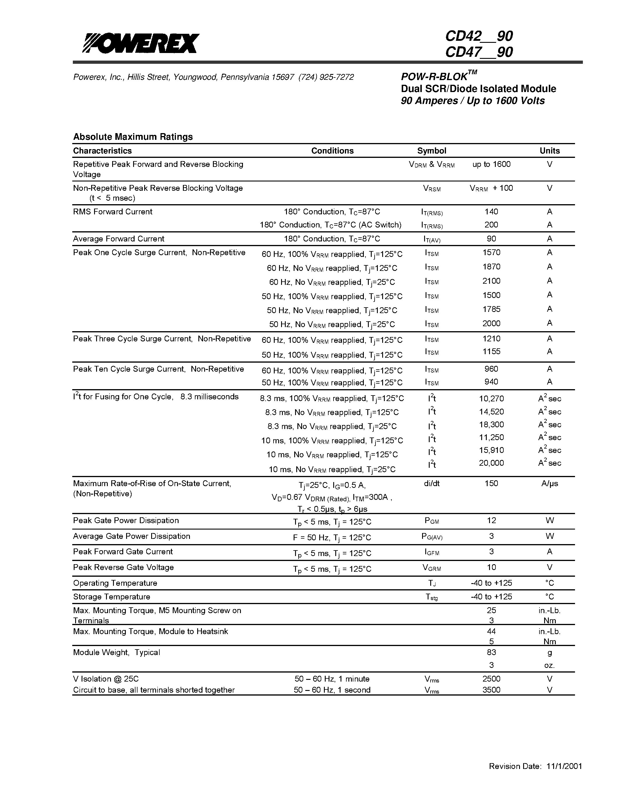 Datasheet CD421290 - POW-R-BLOK Dual SCR/Diode Isolated Module 90 Amperes / Up to 1600 Volts page 2