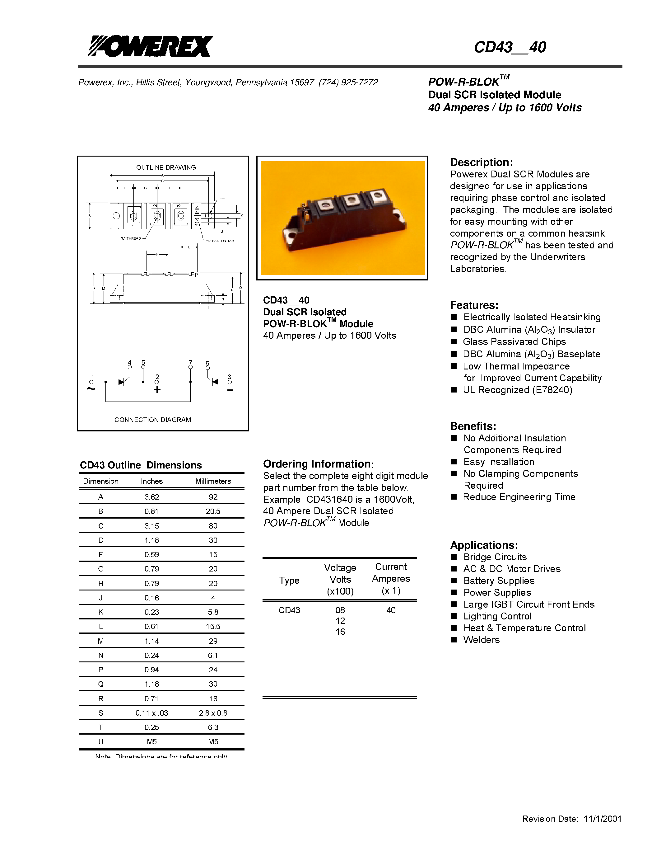 Datasheet CD430840 - POW-R-BLOK Dual SCR Isolated Module 40 Amperes / Up to 1600 Volts page 1