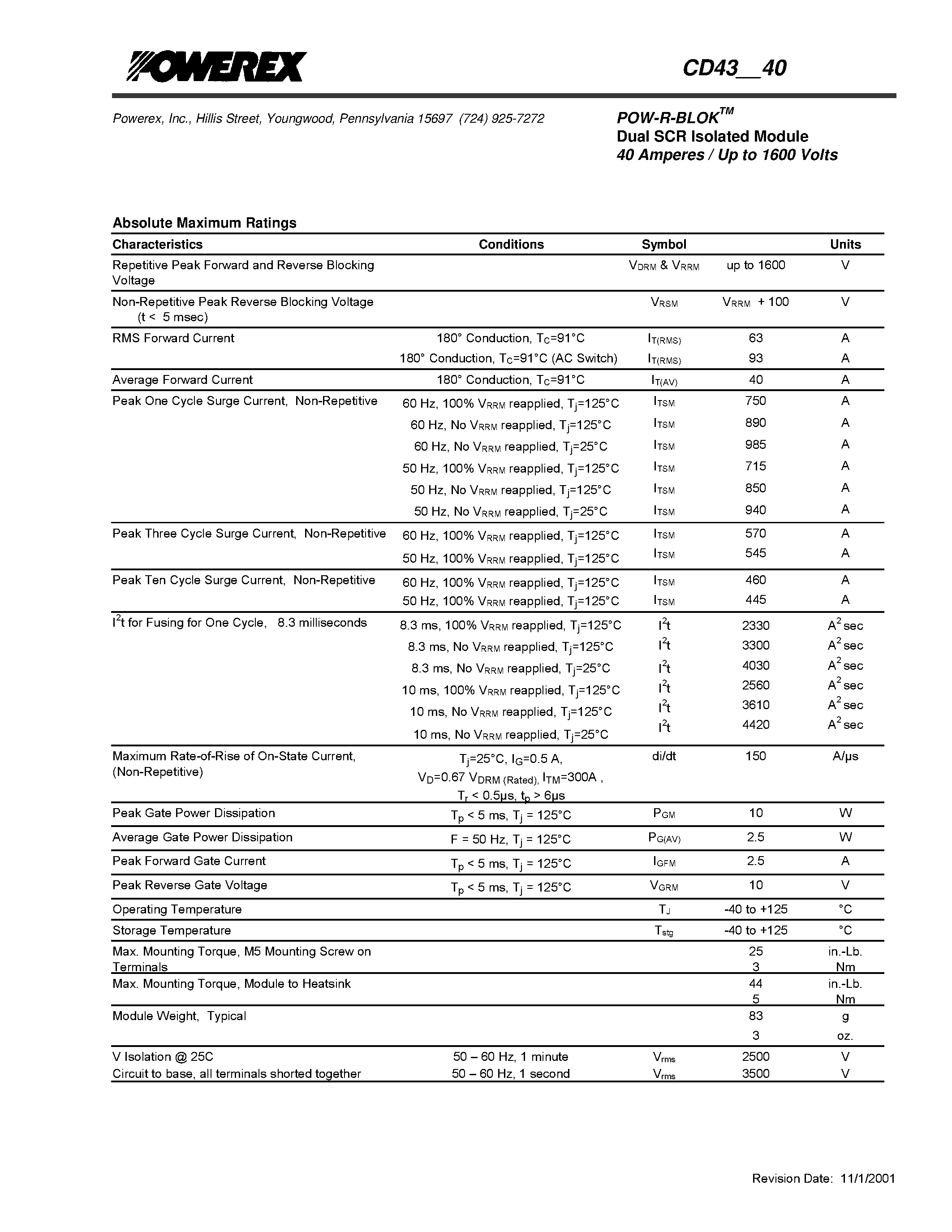 Datasheet CD430840 - POW-R-BLOK Dual SCR Isolated Module 40 Amperes / Up to 1600 Volts page 2