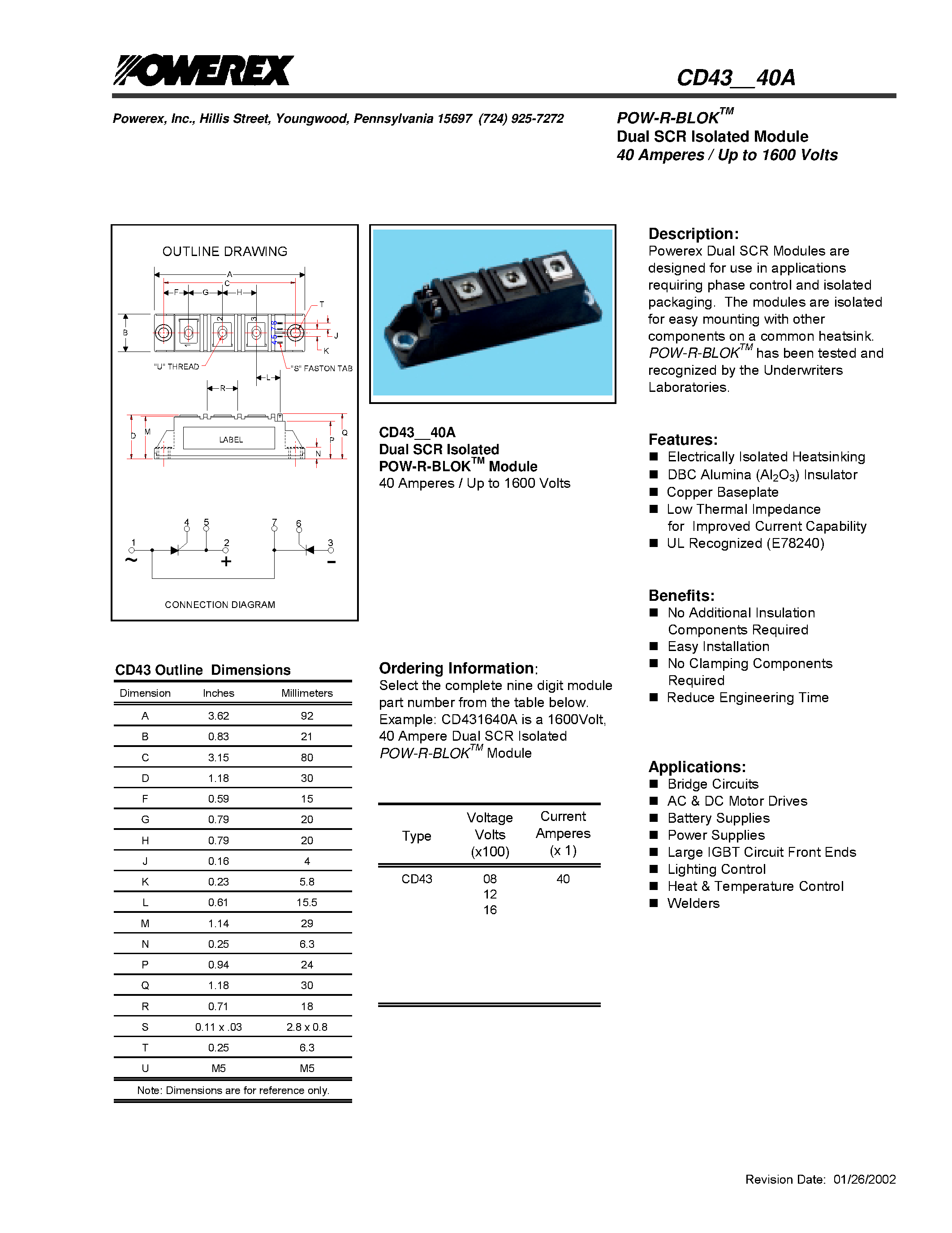 Datasheet CD430840A - POW-R-BLOK Dual SCR Isolated Module 40 Amperes / Up to 1600 Volts page 1