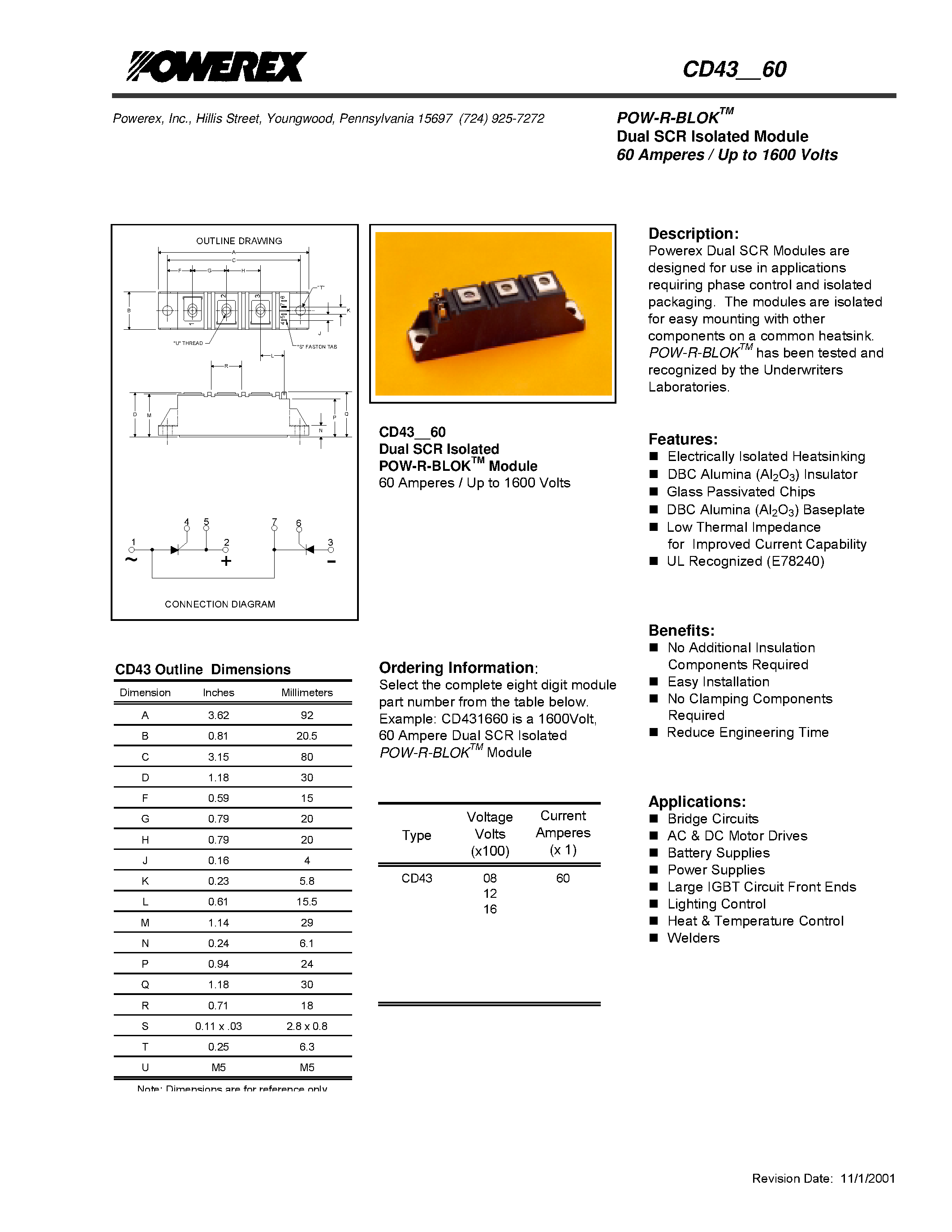 Datasheet CD430860 - POW-R-BLOK Dual SCR Isolated Module 60 Amperes / Up to 1600 Volts page 1