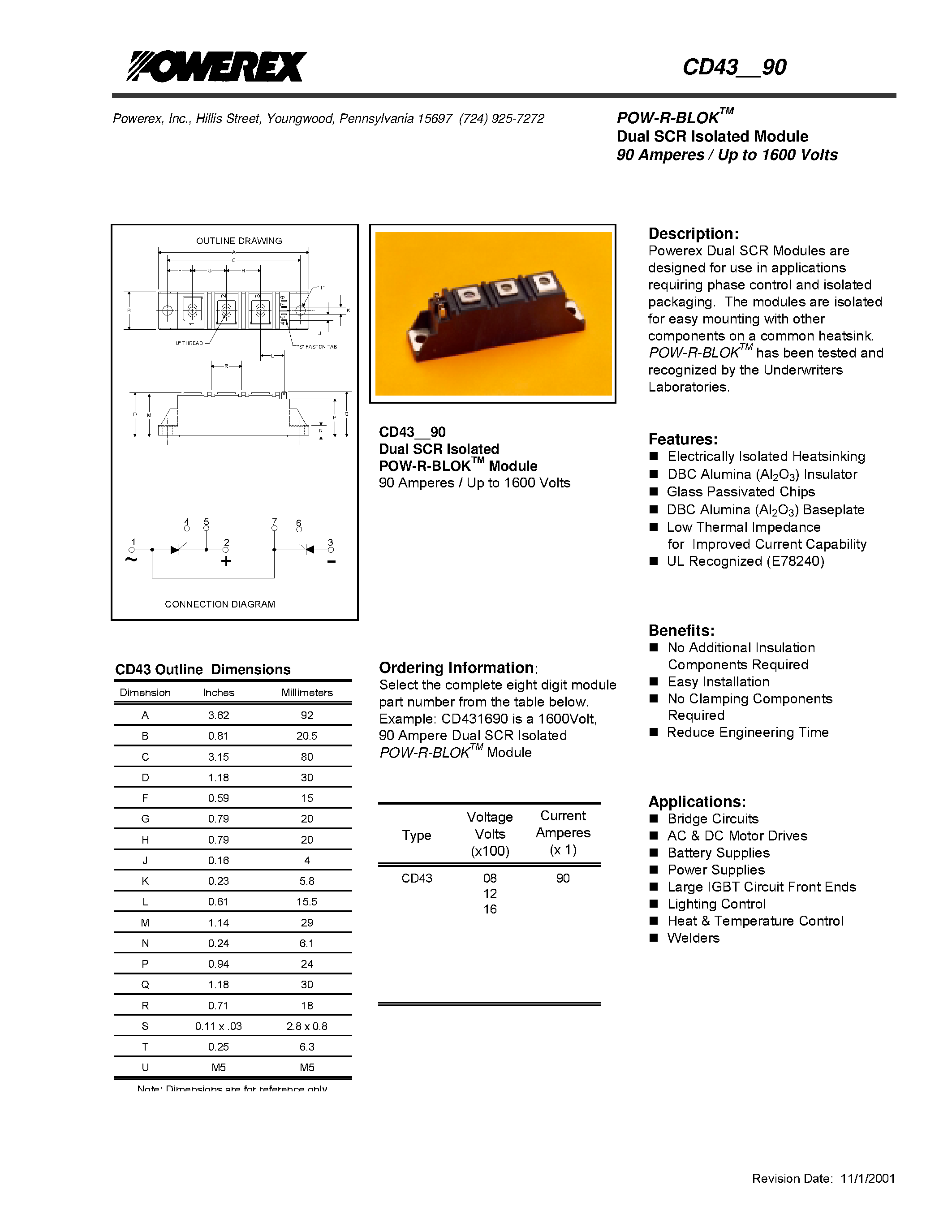 Datasheet CD430890 - POW-R-BLOK Dual SCR Isolated Module 90 Amperes / Up to 1600 Volts page 1