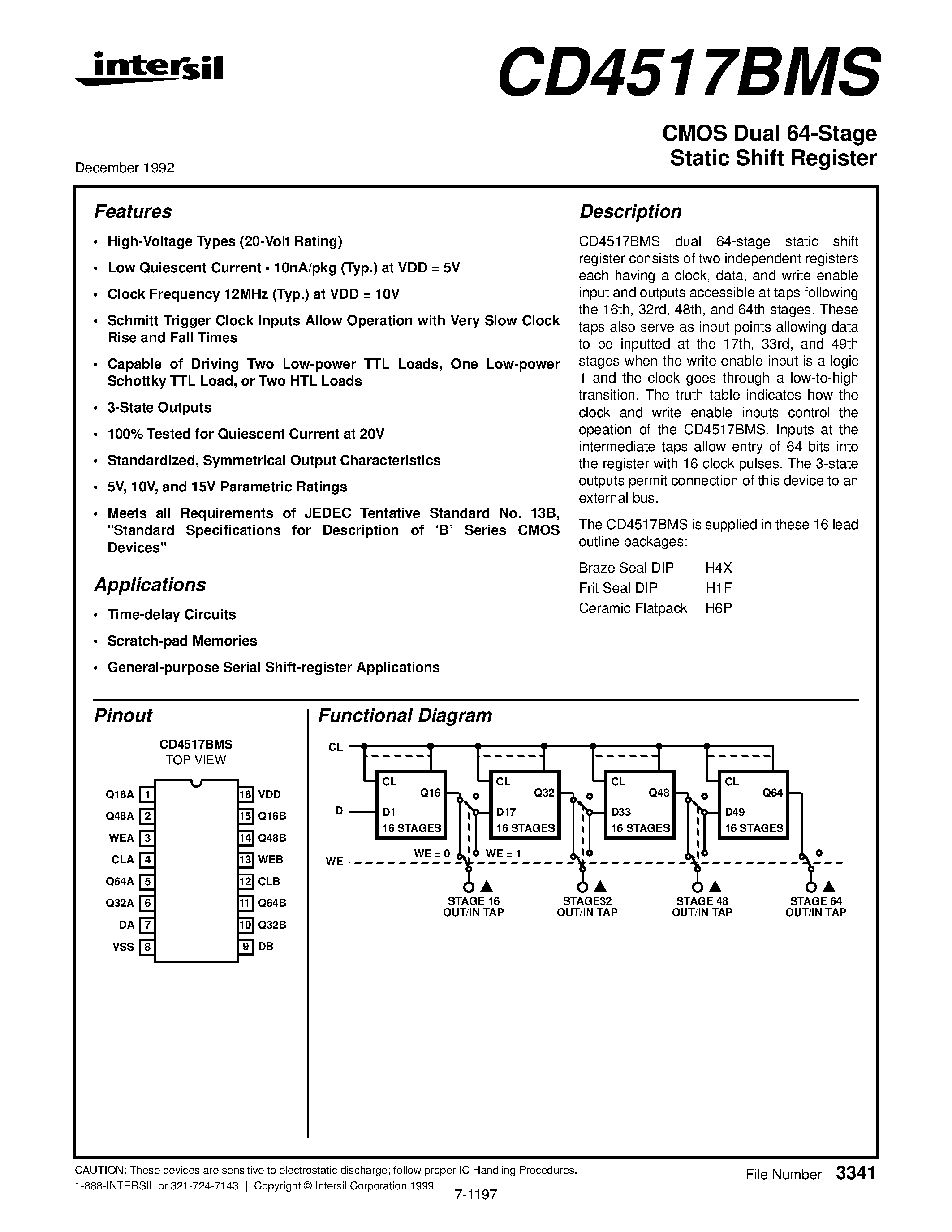 Даташит CD4517 - CMOS Dual 64-Stage Static Shift Register страница 1