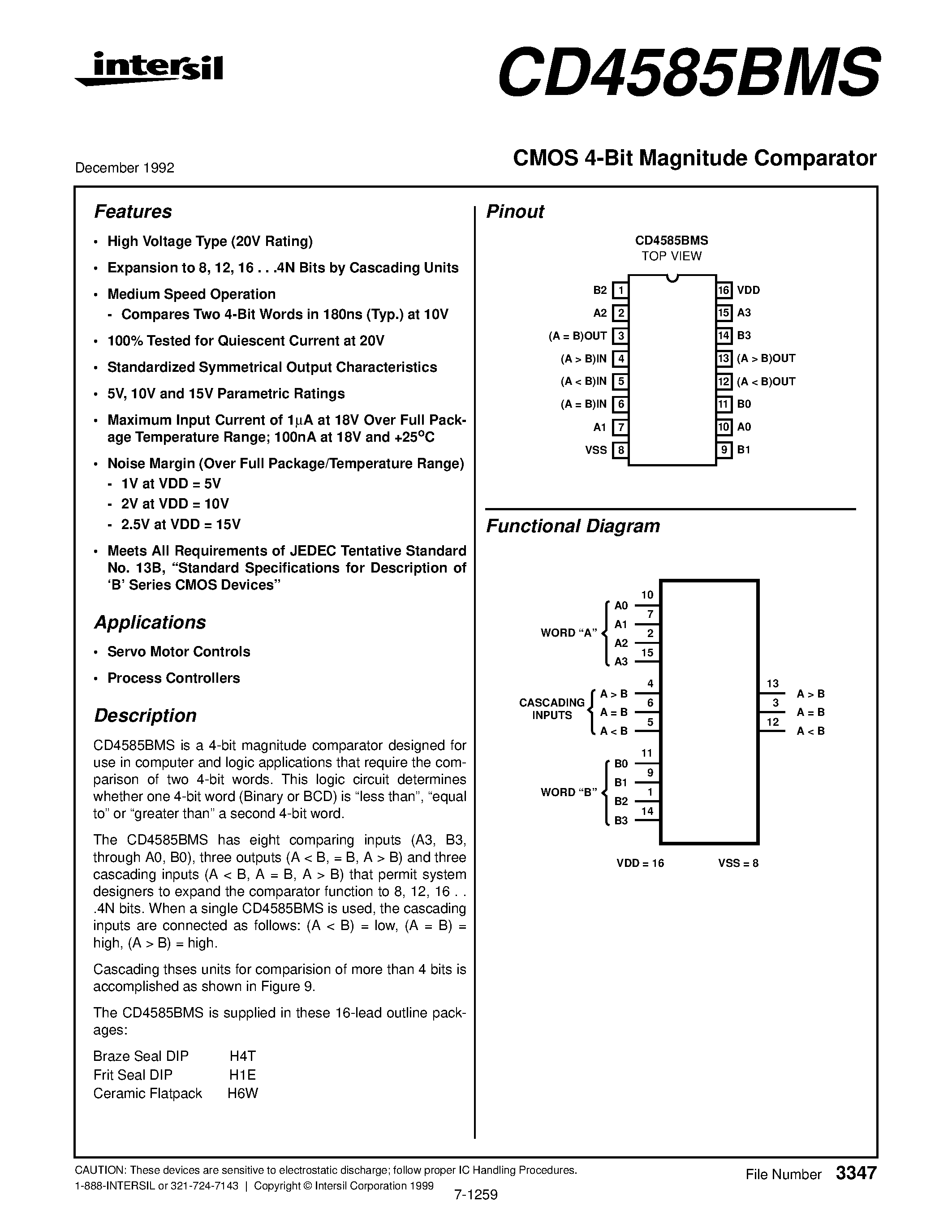 Даташит CD4585BMS - CMOS 4-Bit Magnitude Comparator страница 1