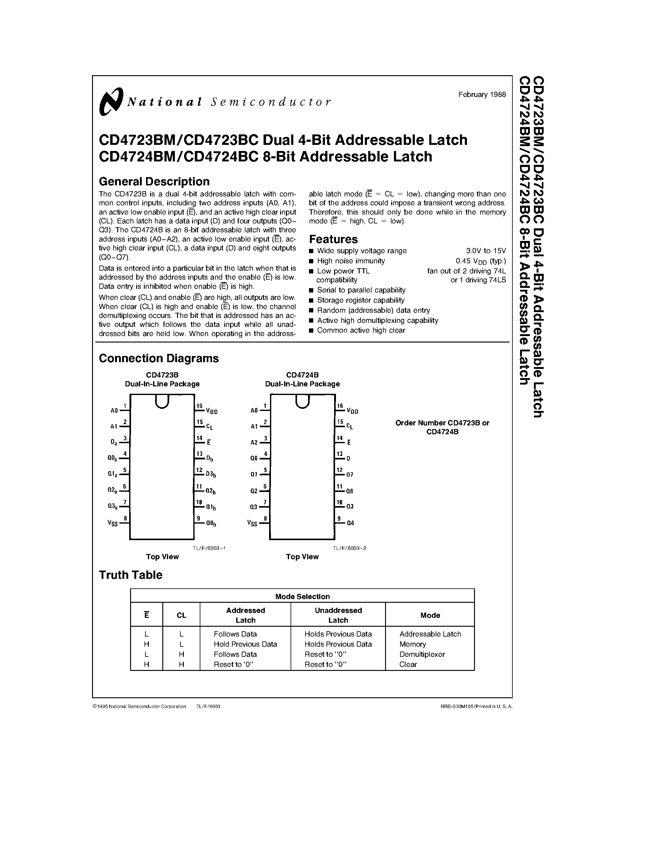 Datasheet CD4723BCJ - Dual 4-Bit/ 8-Bit Addressable Latch page 1