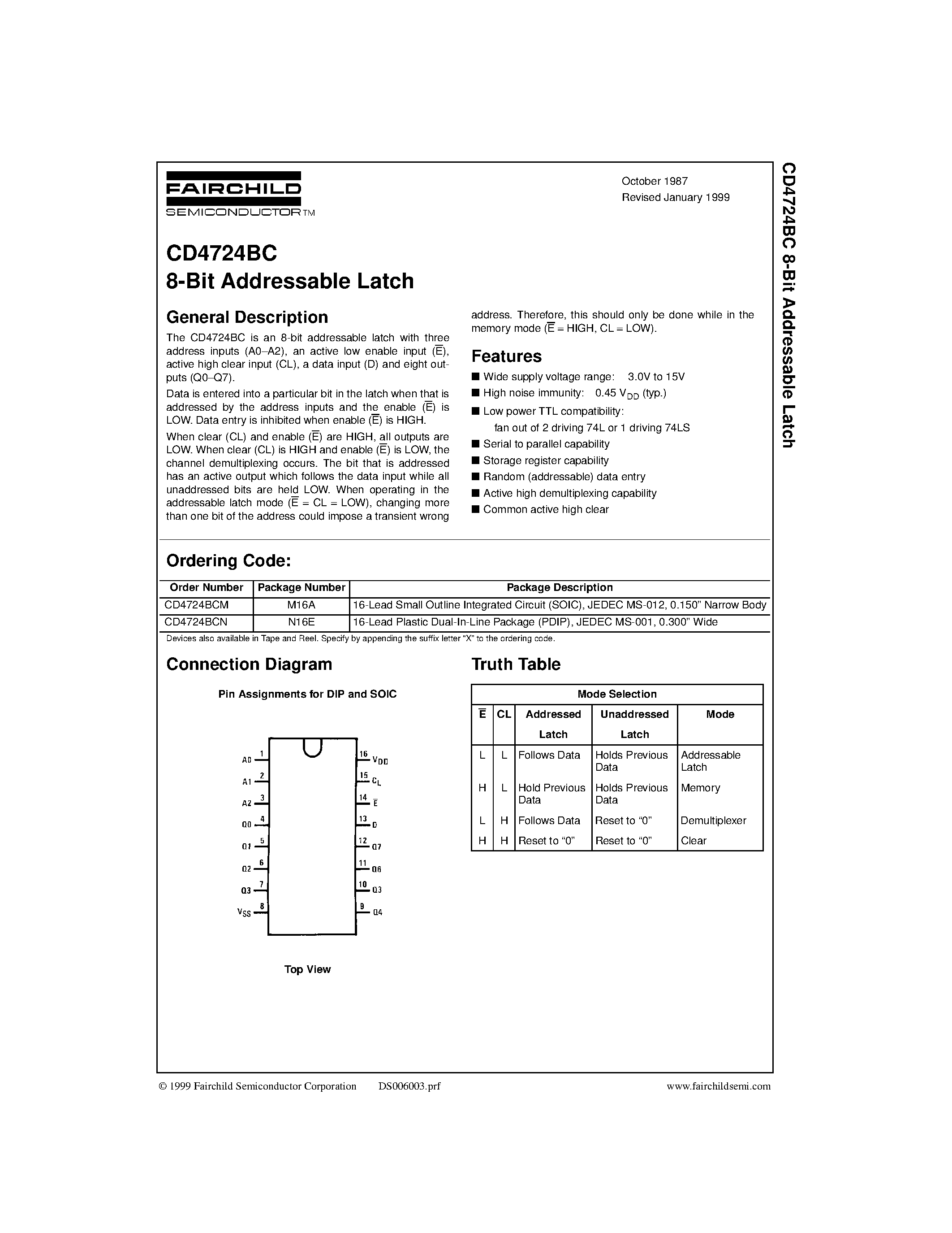 Datasheet CD4724BC - 8-Bit Addressable Latch page 1