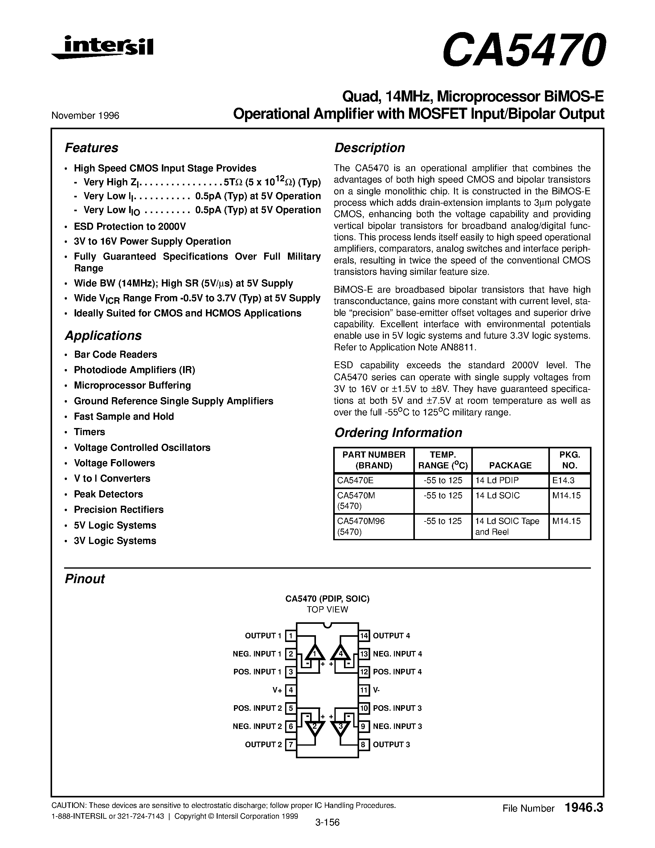 Datasheet CA5470 - Quad/ 14MHz/ Microprocessor BiMOS-E Operational Amplifier with MOSFET Input/Bipolar Output page 1