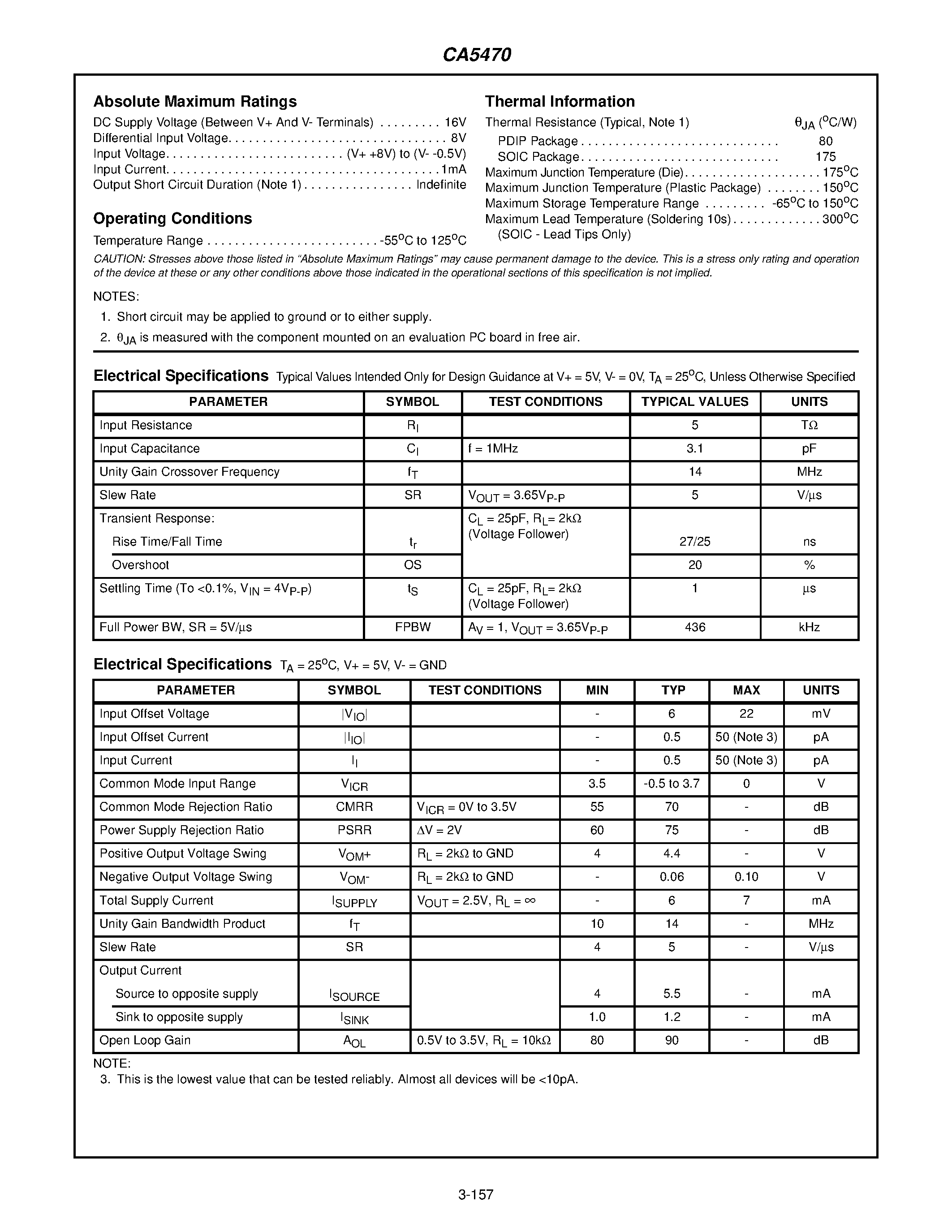 Datasheet CA5470 - Quad/ 14MHz/ Microprocessor BiMOS-E Operational Amplifier with MOSFET Input/Bipolar Output page 2