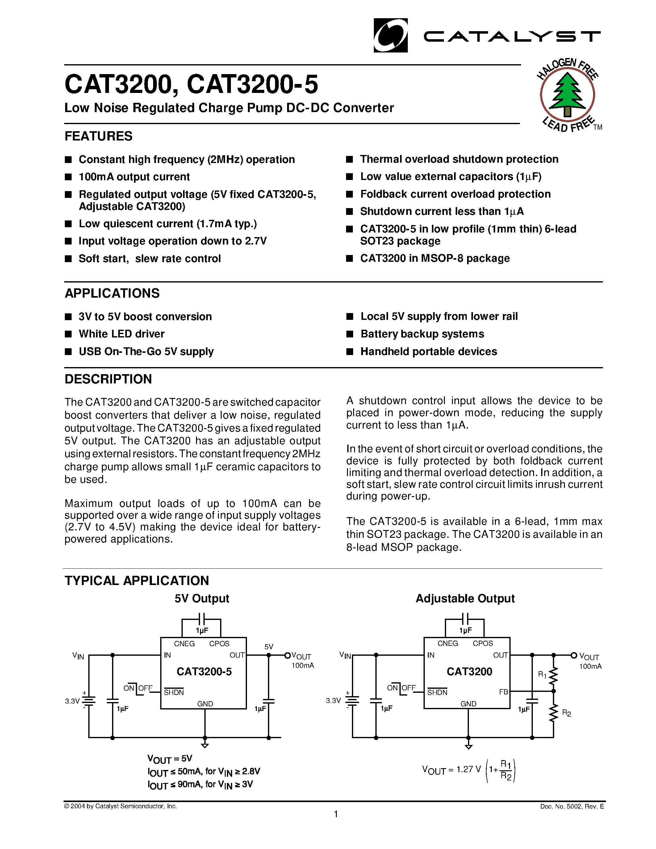 Datasheet CAT3200ES6-5-TE13 - Low Noise Regulated Charge Pump DC-DC Converter page 1