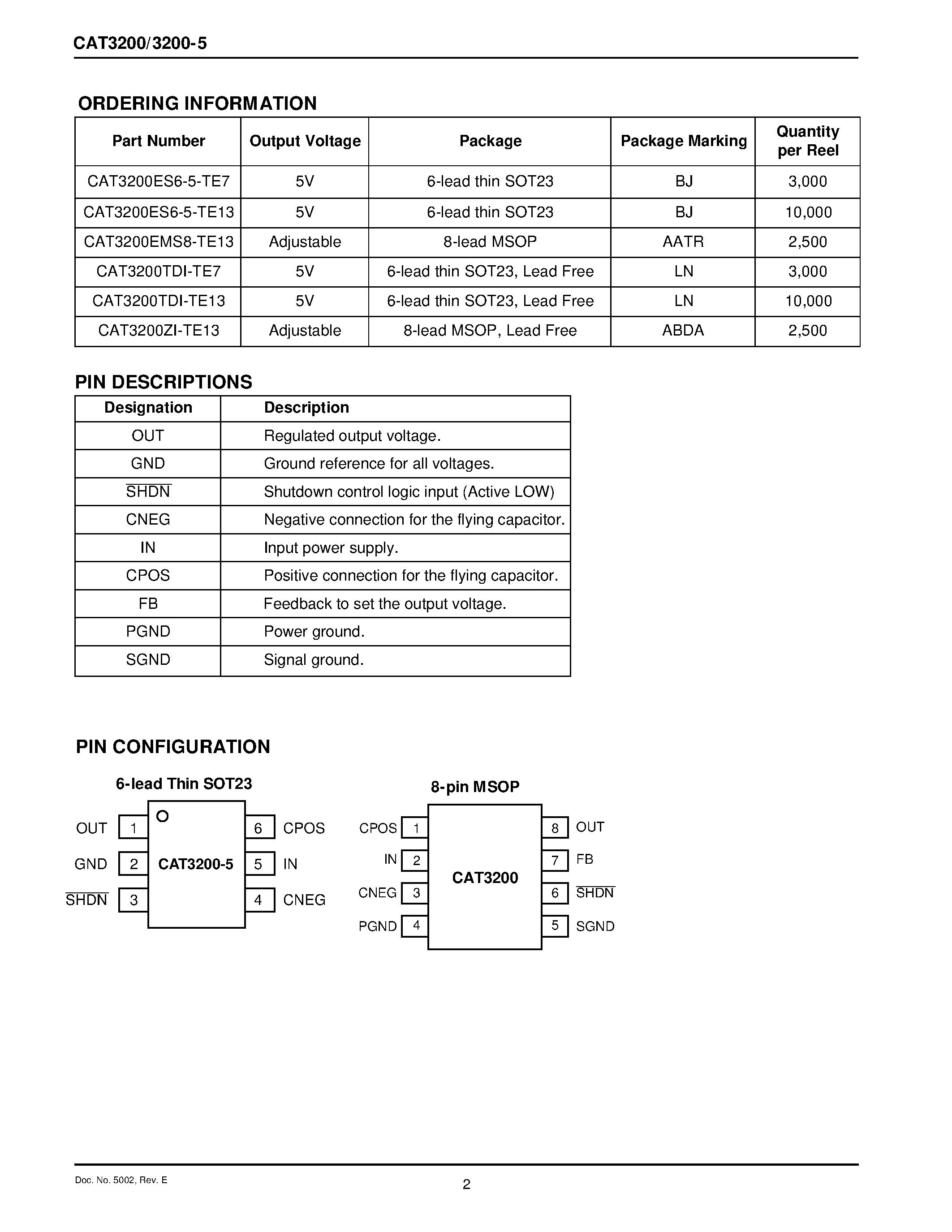 Datasheet CAT3200ES6-5-TE13 - Low Noise Regulated Charge Pump DC-DC Converter page 2