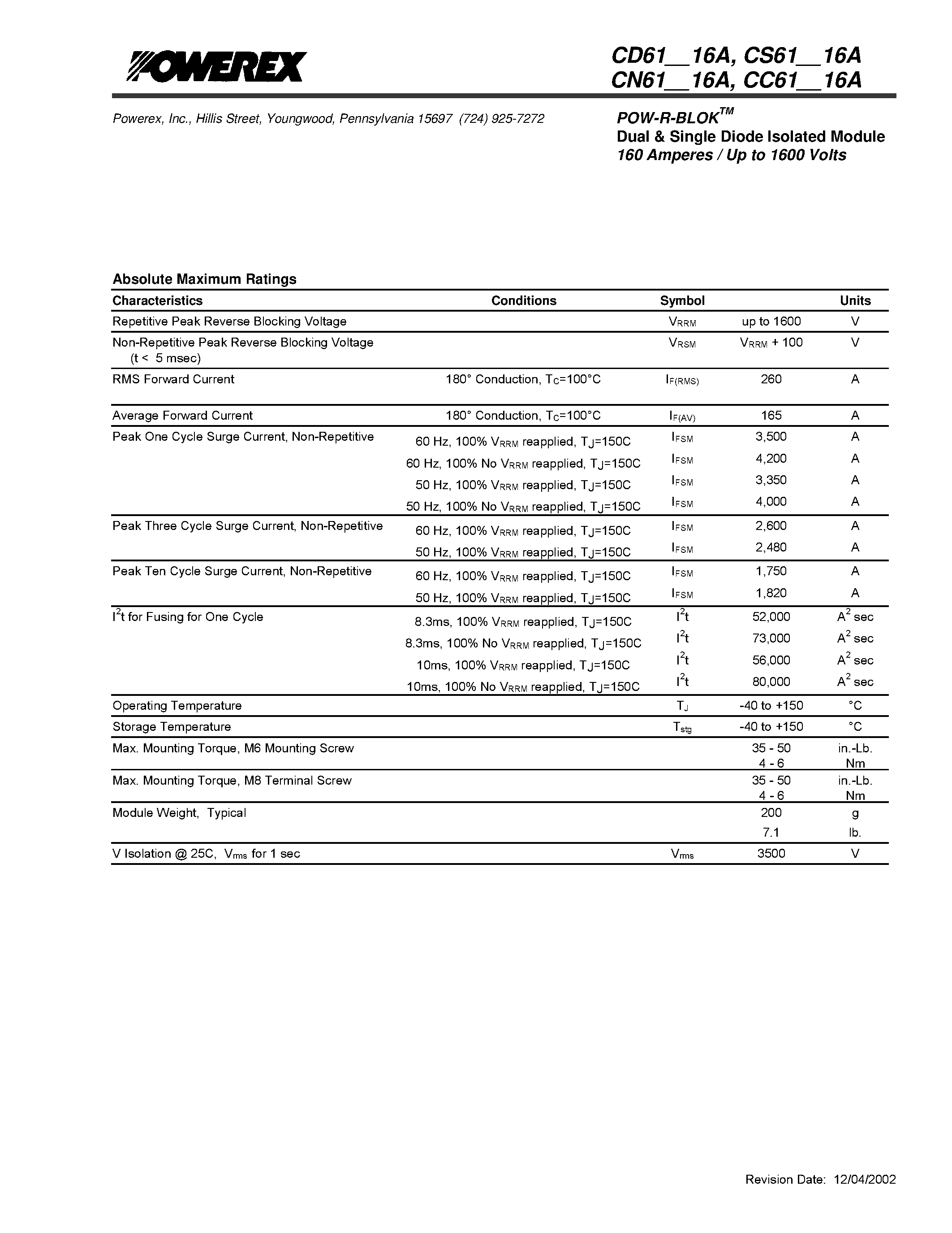 Datasheet CC611216 - POW-R-BLOK Dual & Single Diode Isolated Module 160 Amperes / Up to 1600 Volts page 2