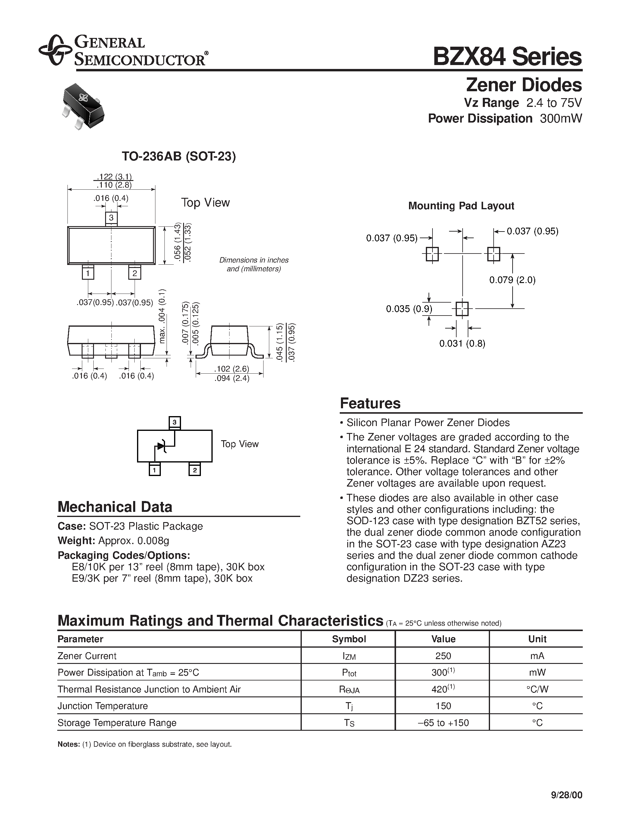 Datasheet BZX84-B10 - Zener Diodes page 1