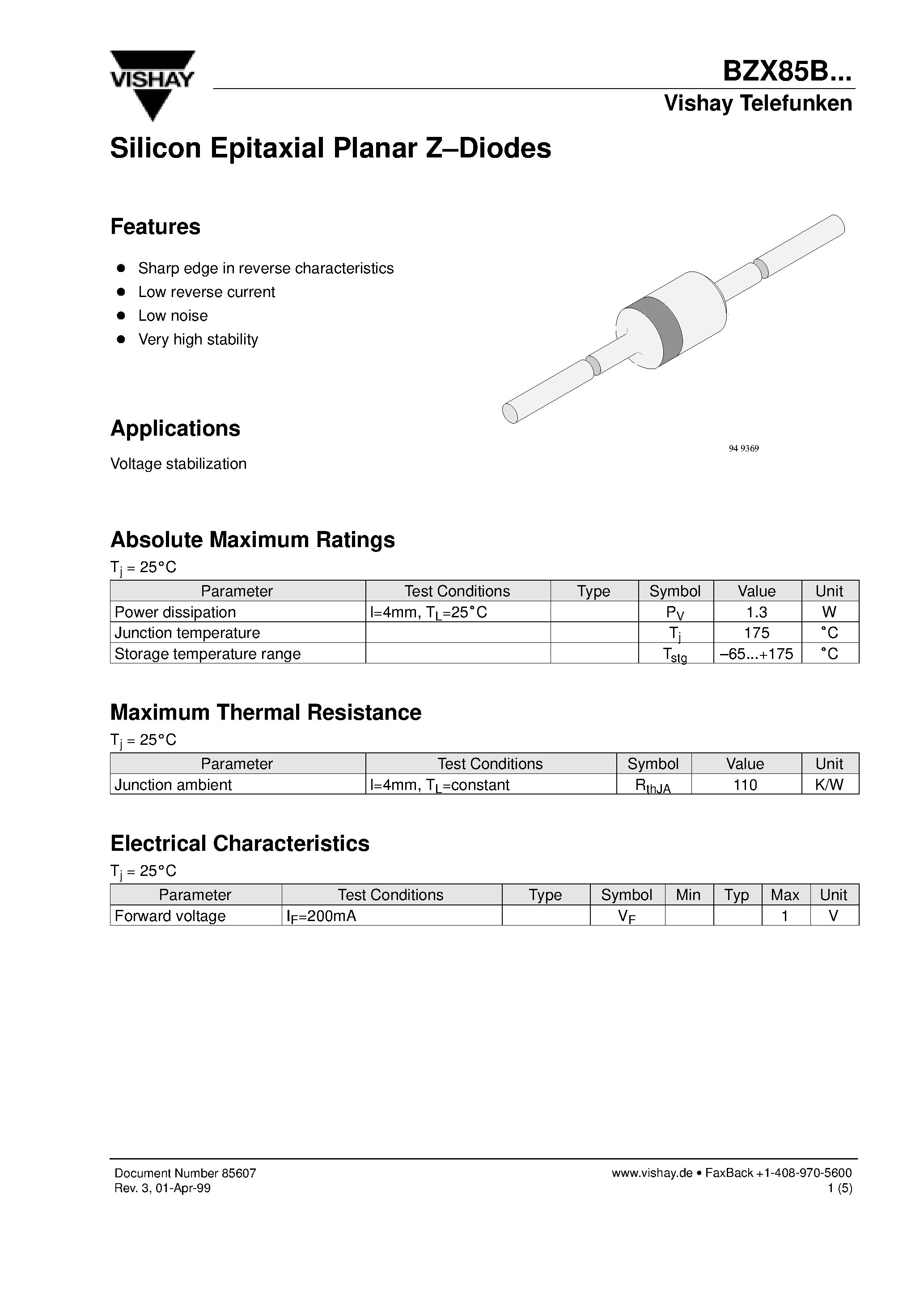 Даташит BZX85B10 - Silicon Epitaxial Planar Z-Diodes страница 1