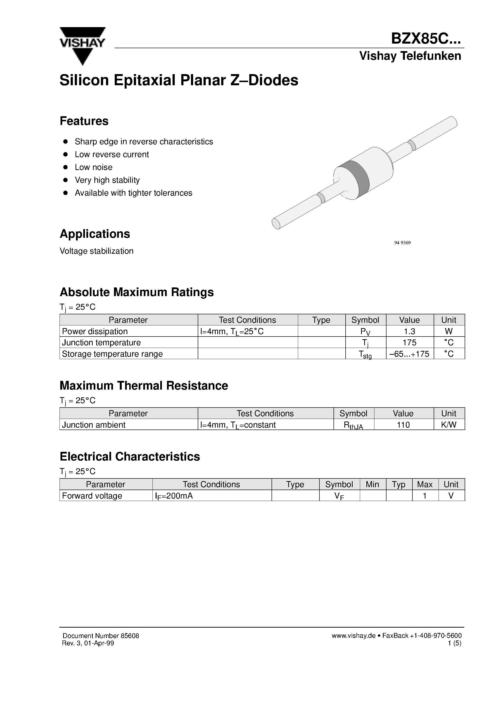 Даташит BZX85C - Silicon Epitaxial Planar Z-Diodes страница 1