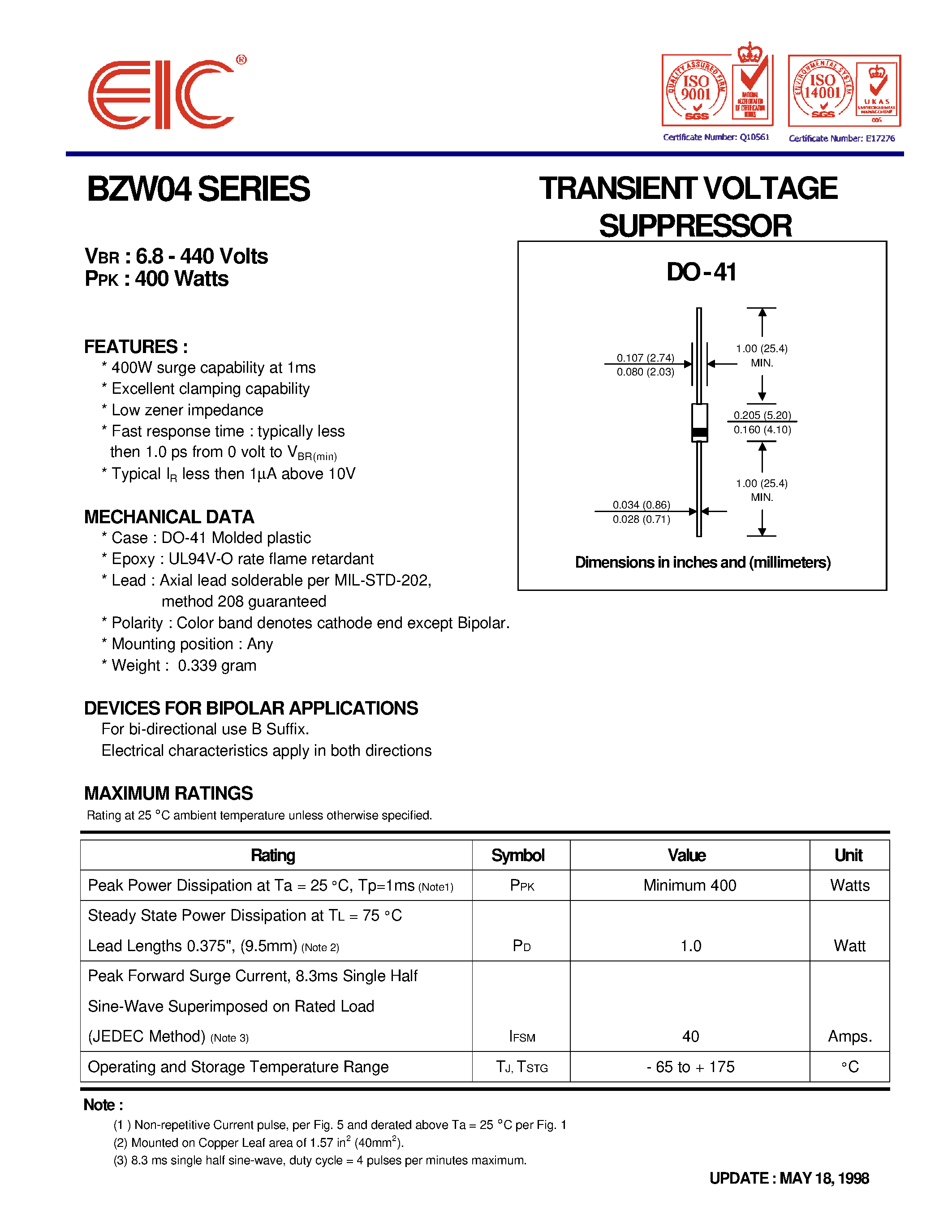 Datasheet BZW04P58 - TRANSIENT VOLTAGE SUPPRESSOR page 1