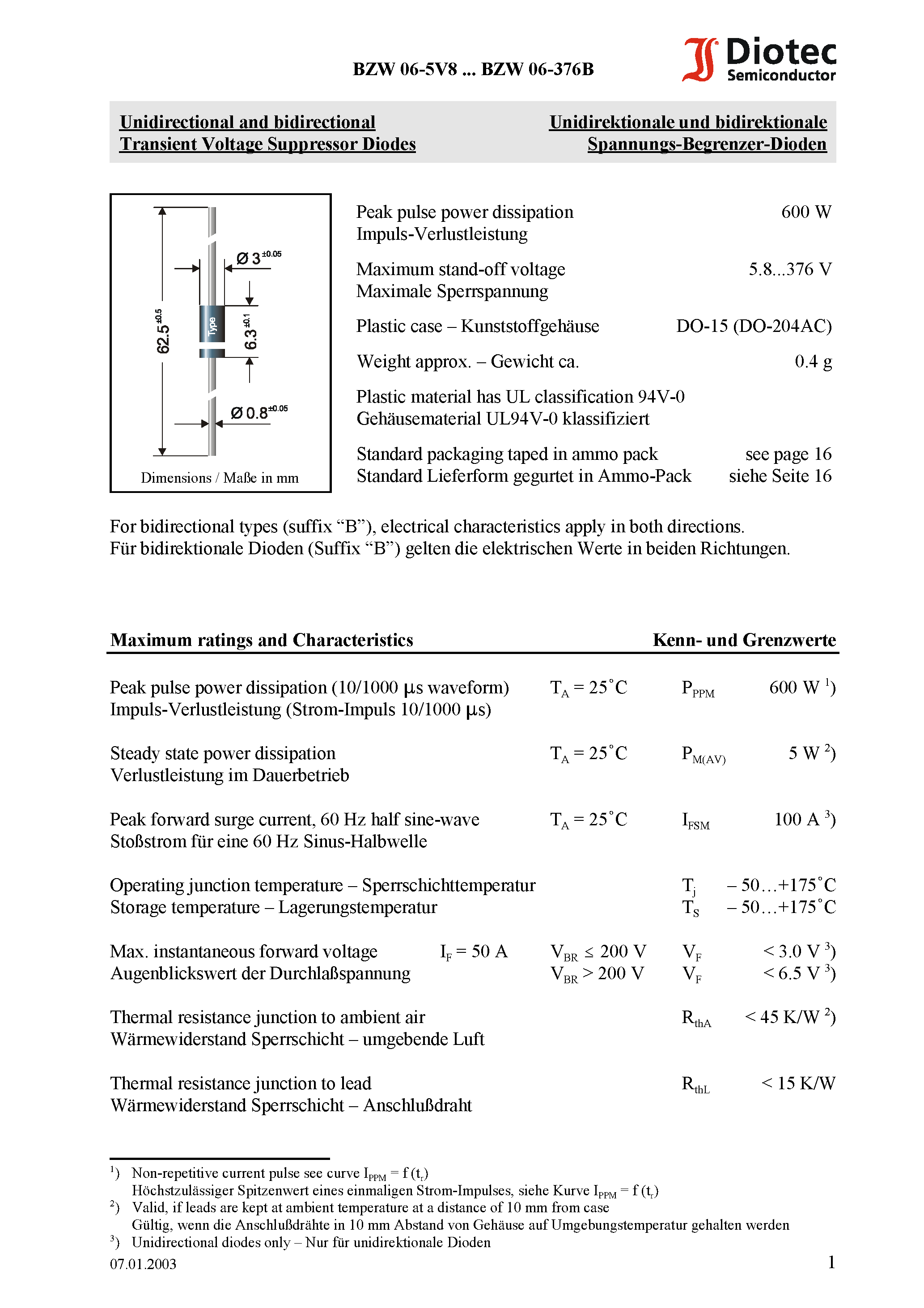 Datasheet BZW06376 - TRANSILTM page 1