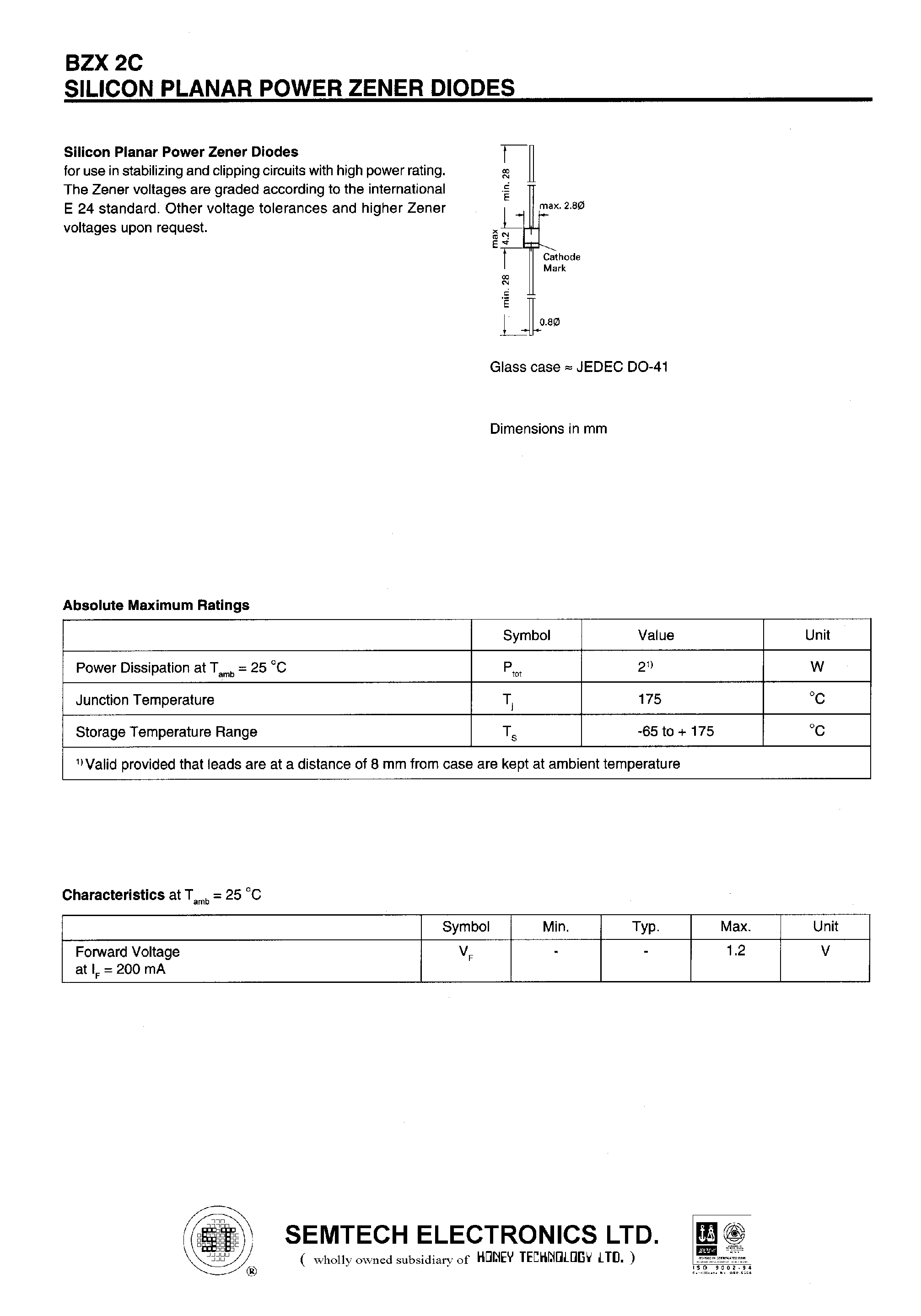 Datasheet BZX2C - SILICON PLANAR POWER ZENER DIODES page 1