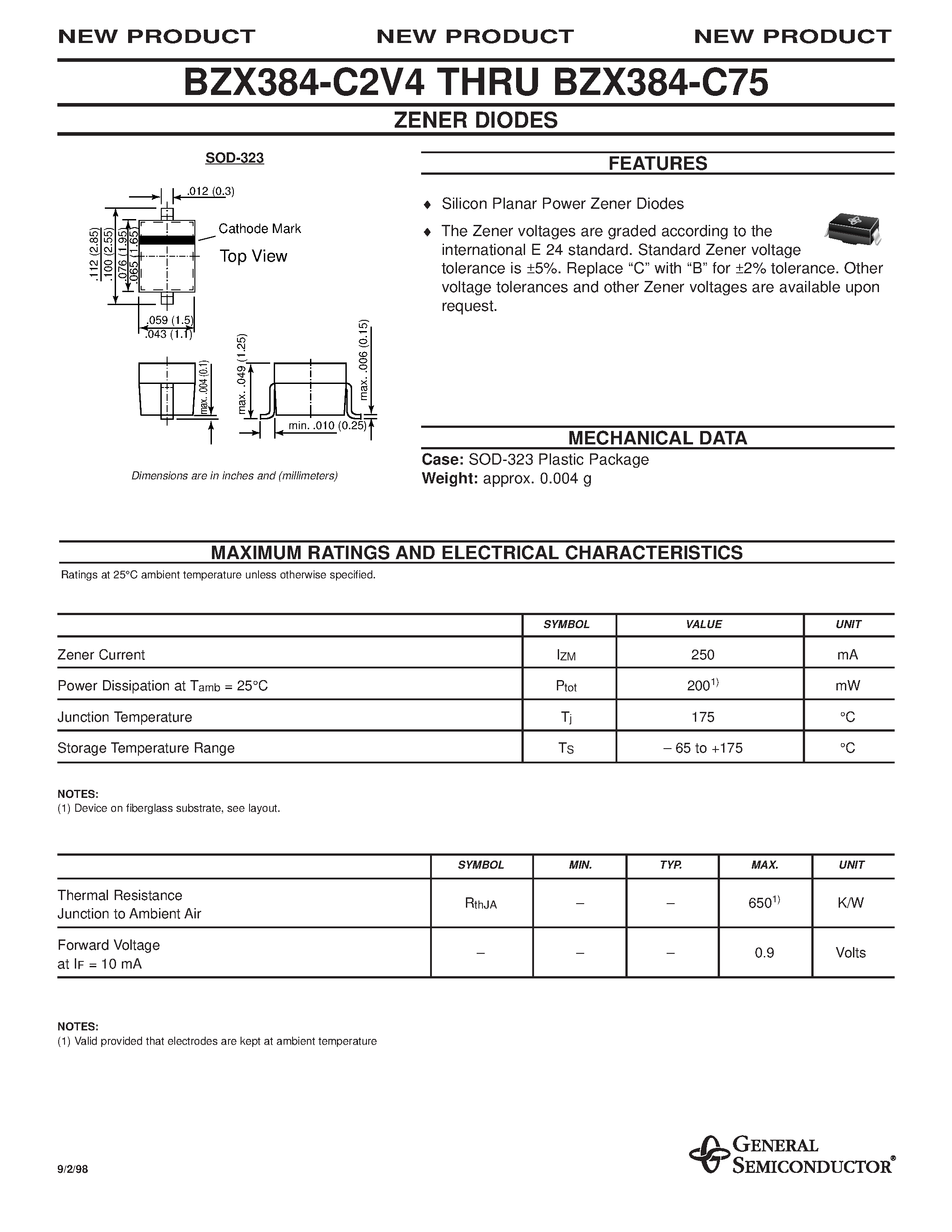 Datasheet BZX384-B10 - BZX384 page 1