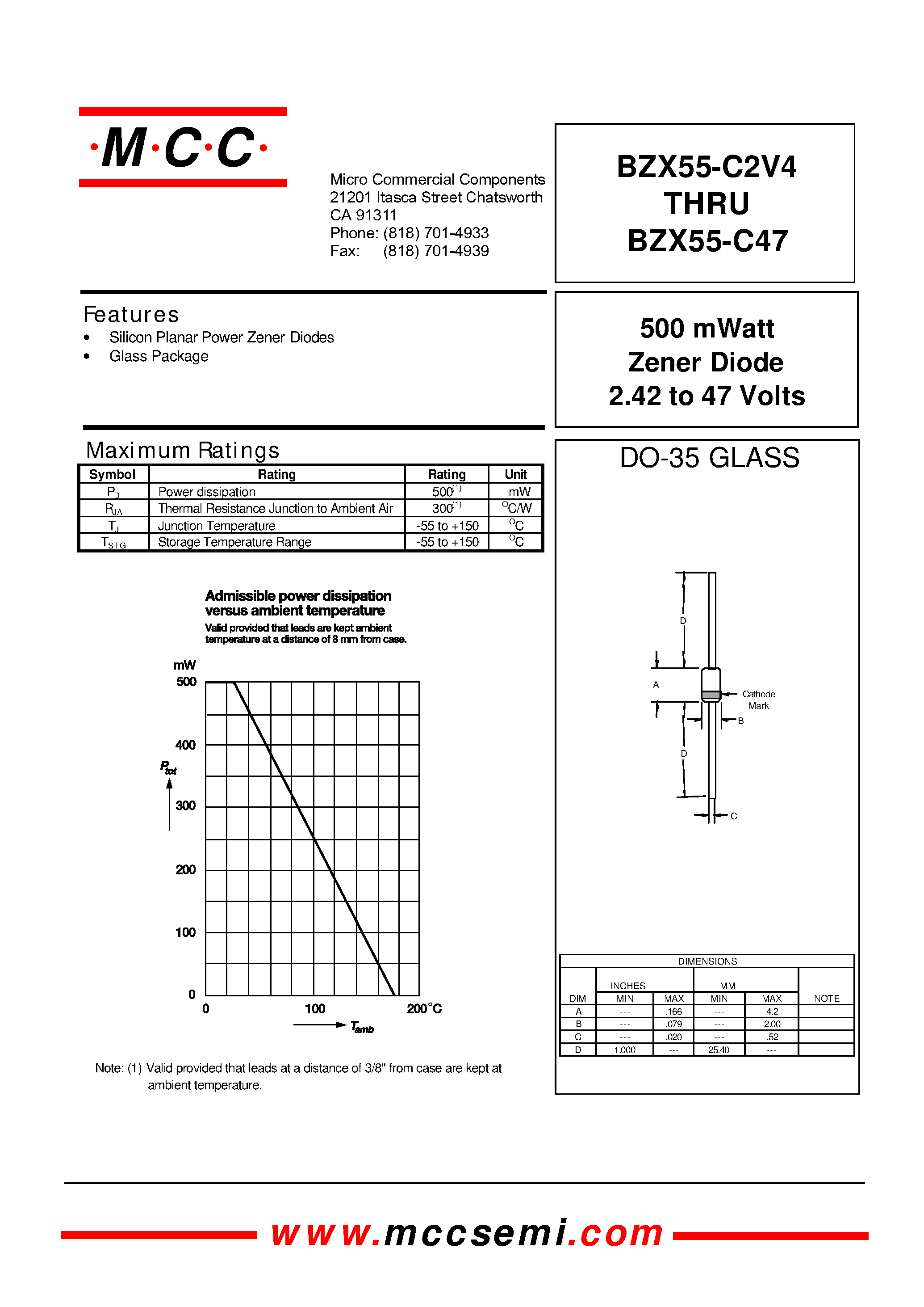 Datasheet BZX55-C10 - 500 mWatt Zener Diode 2.42 to 47 Volts page 1