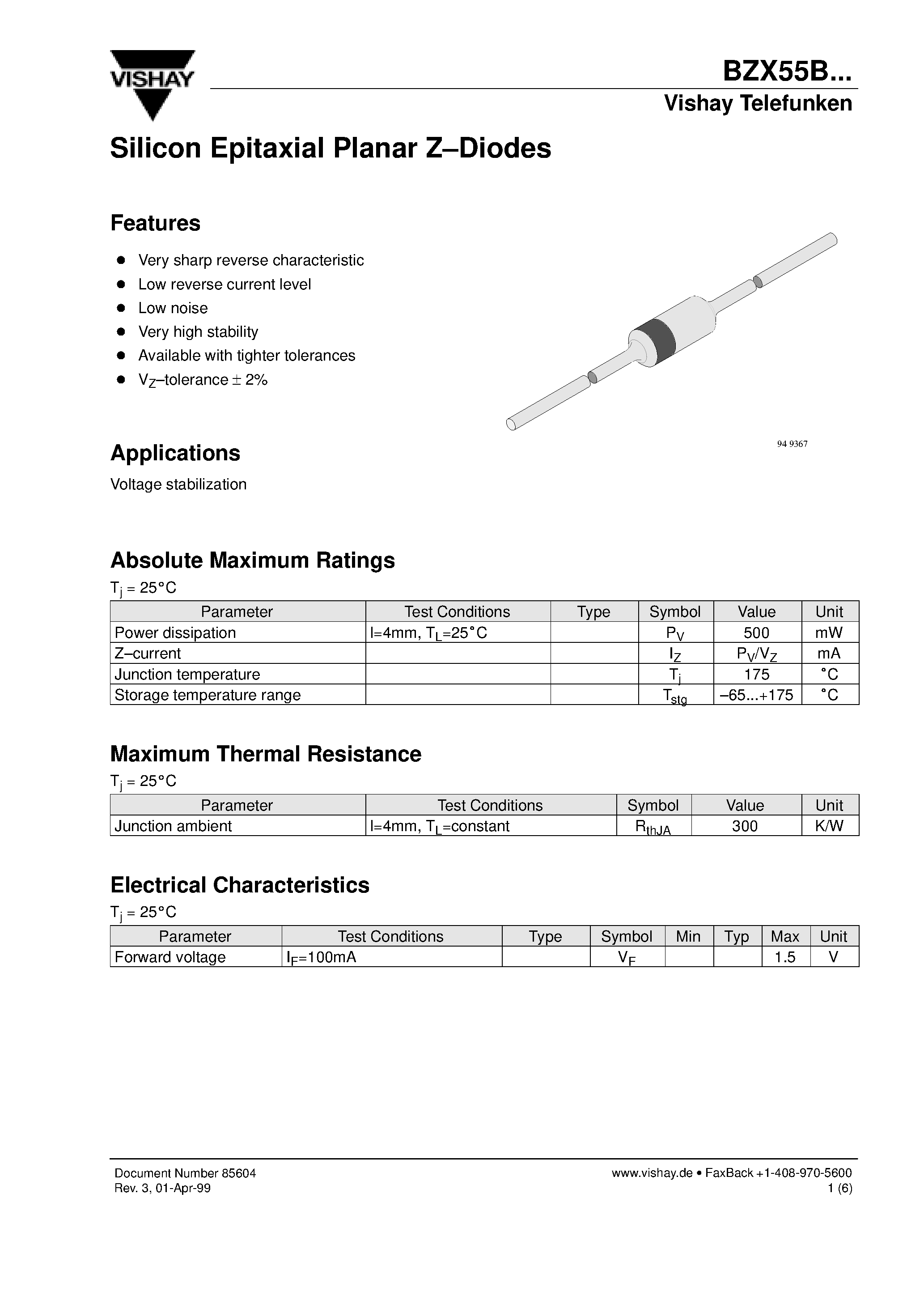 Даташит BZX55B - Silicon Epitaxial Planar Z-Diodes страница 1