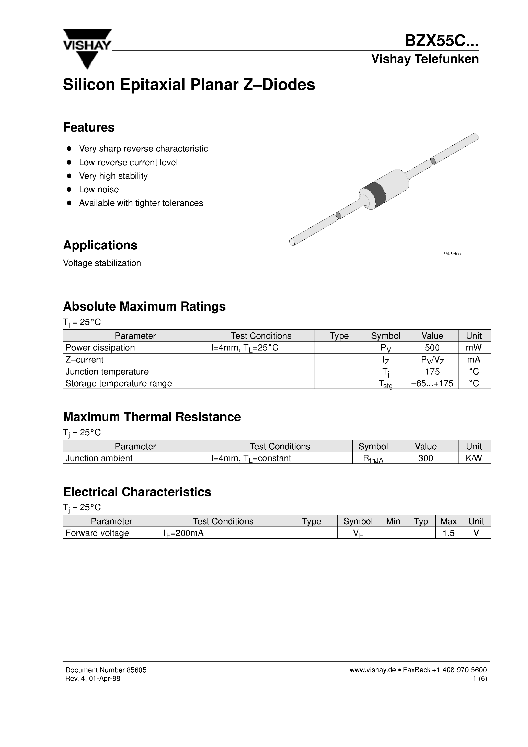 Даташит BZX55C - Silicon Epitaxial Planar Z-Diodes страница 1