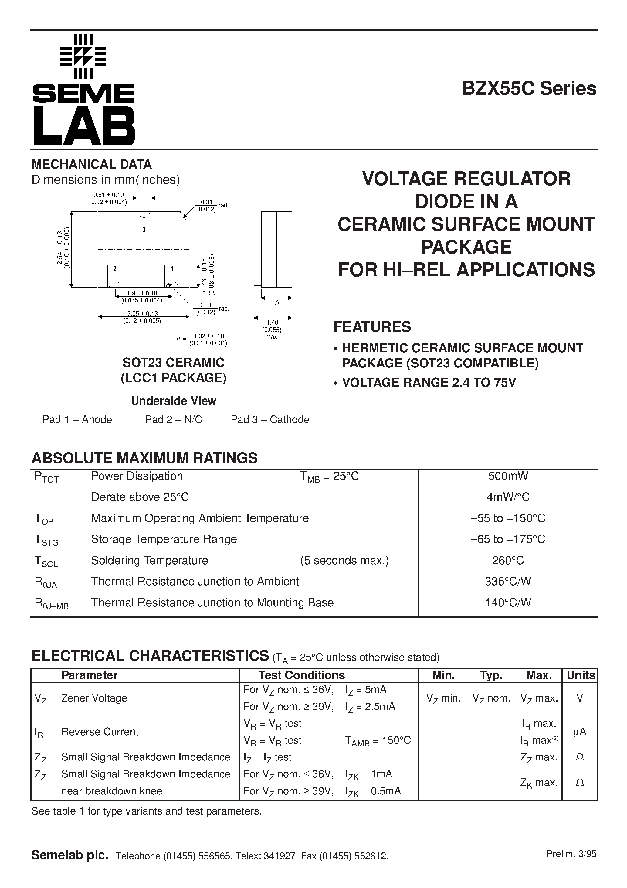 Даташит BZX55C2V4 - Silicon Epitaxial Planar Z-Diodes страница 1