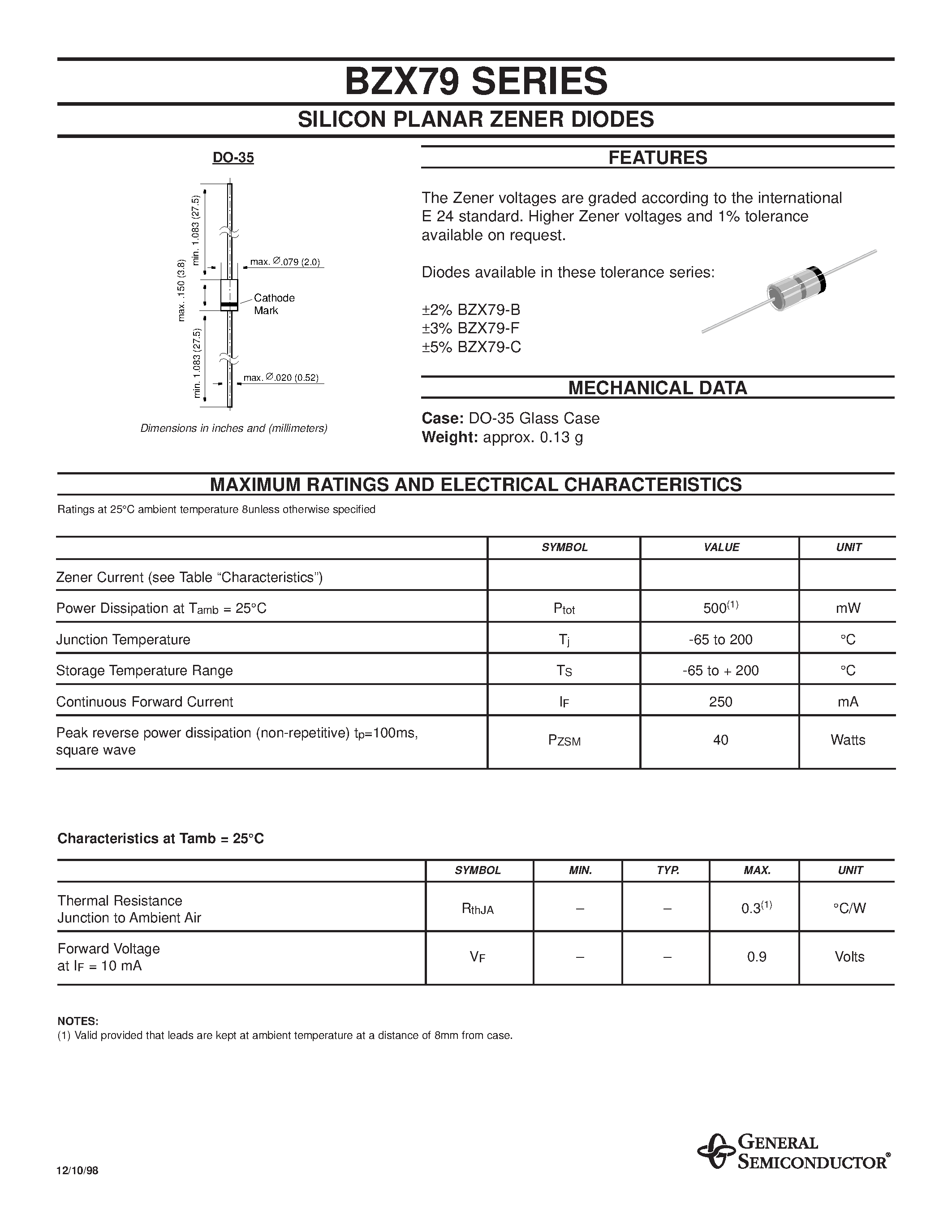 Datasheet BZX79-C10 - SILICON PLANAR ZENER DIODES page 1