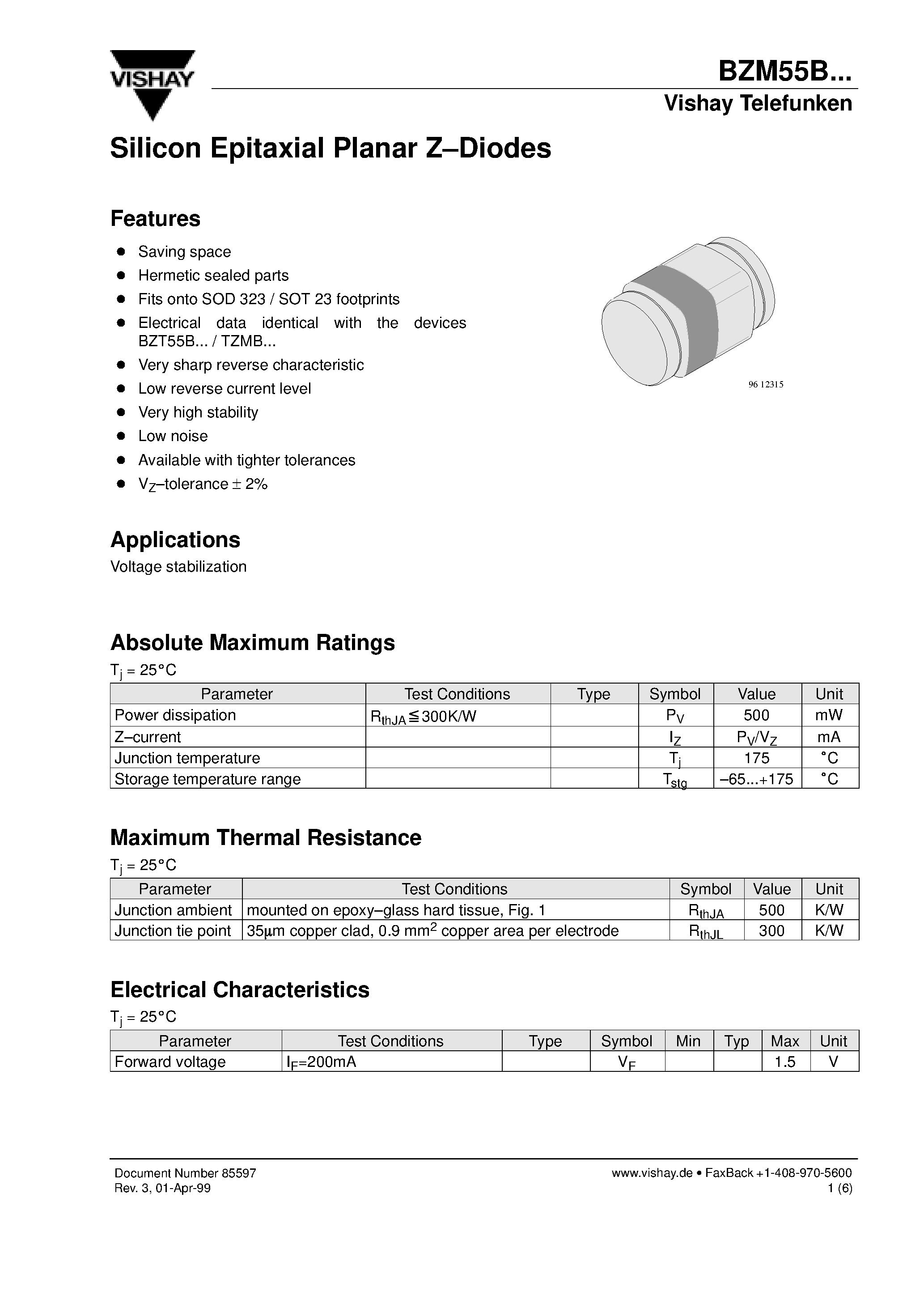 Даташит BZM55B2V4 - Silicon Epitaxial Planar Z-Diodes страница 1