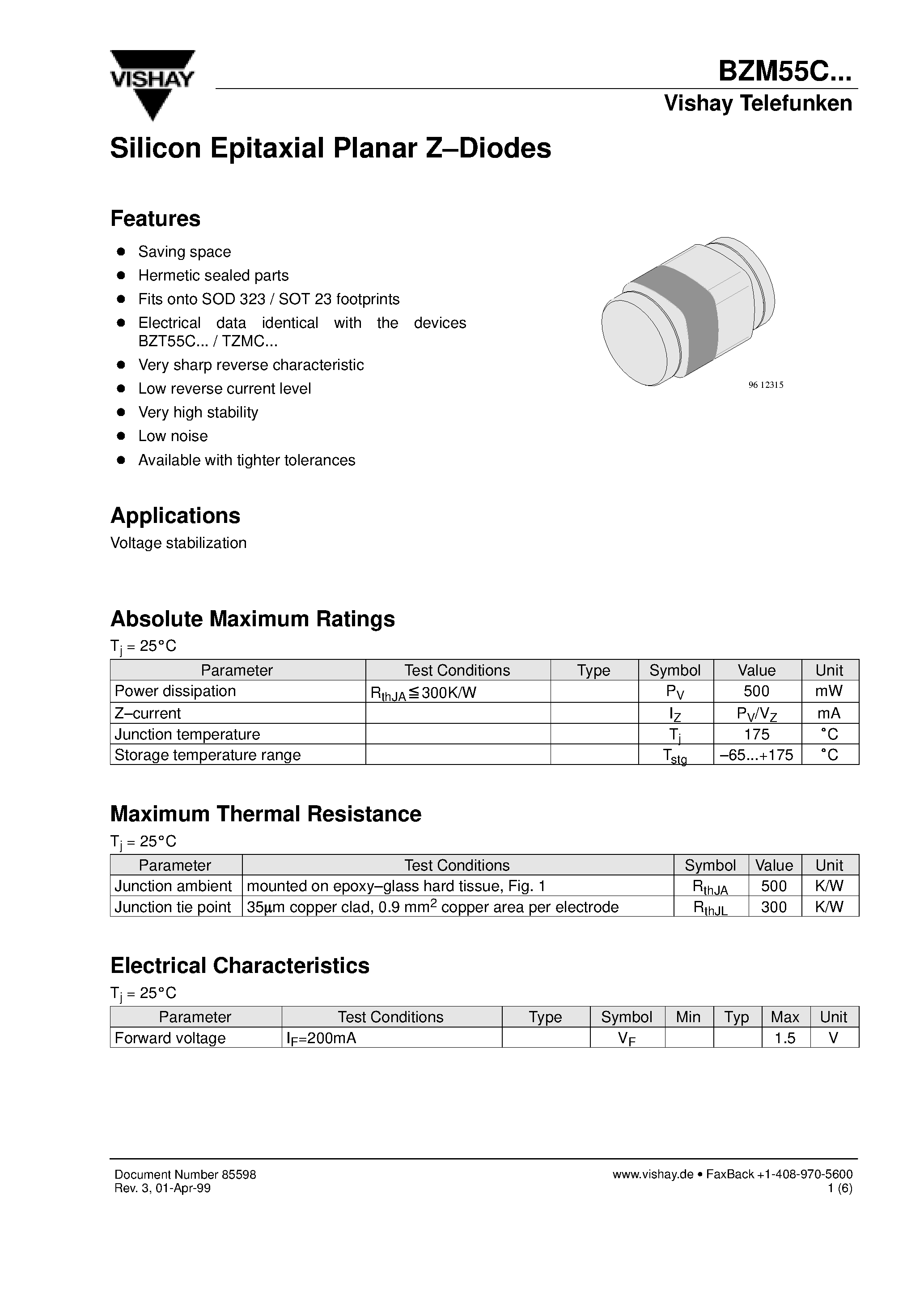 Даташит BZM55C - Silicon Epitaxial Planar Z-Diodes страница 1