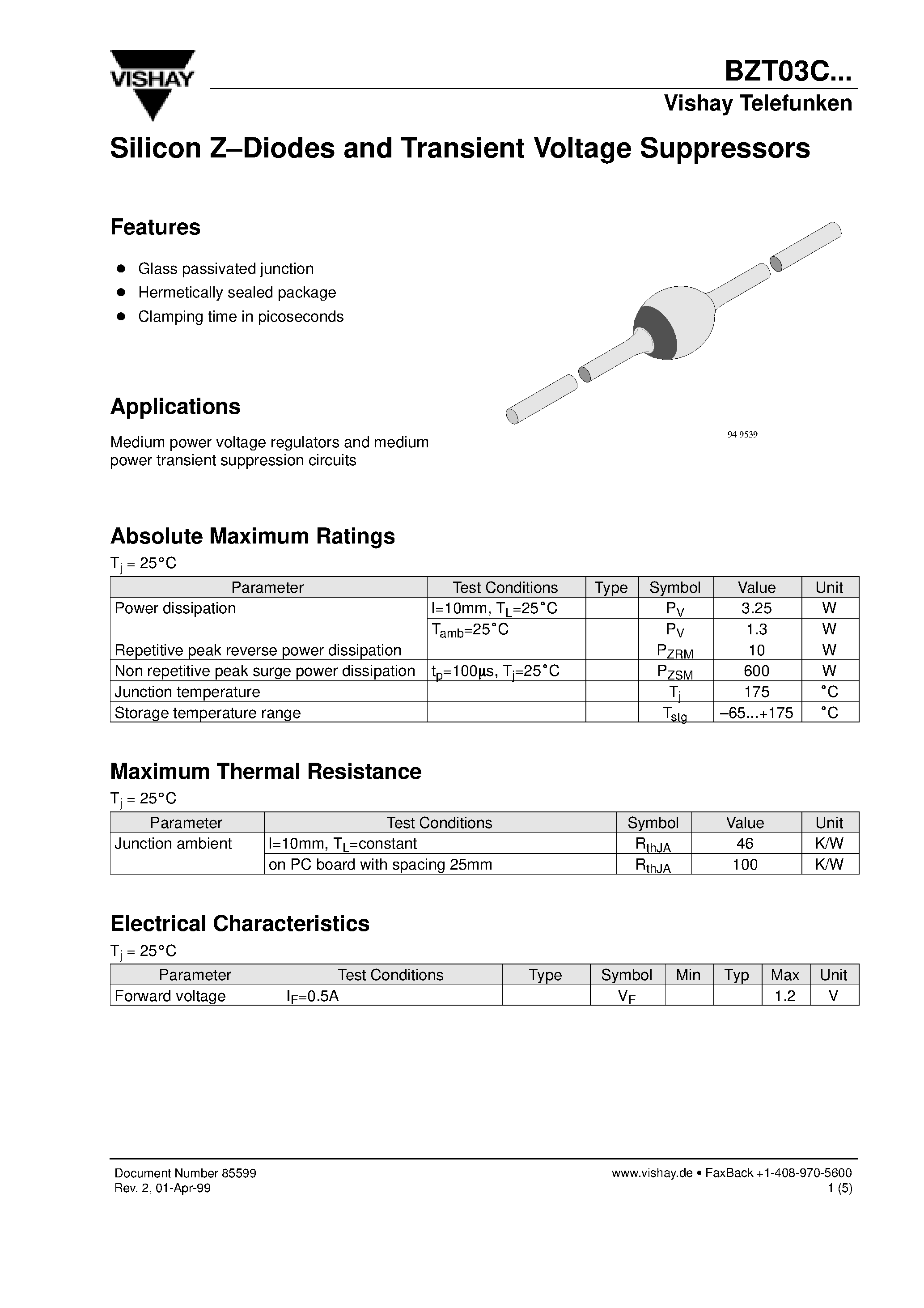 Даташит BZT03C10 - Silicon Z-Diodes and Transient Voltage Suppressors страница 1