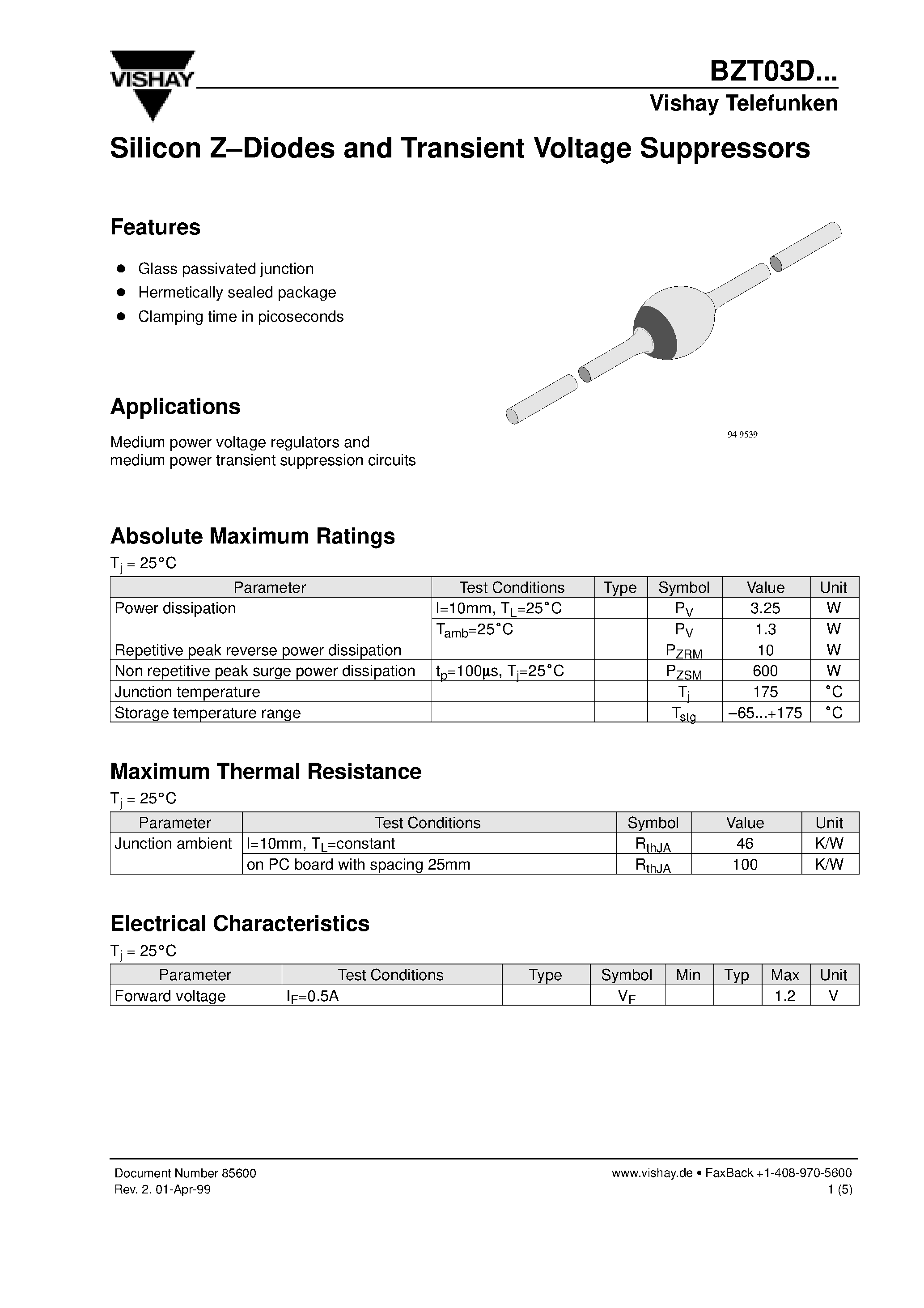 Даташит BZT03D - Silicon Z-Diodes and Transient Voltage Suppressors страница 1