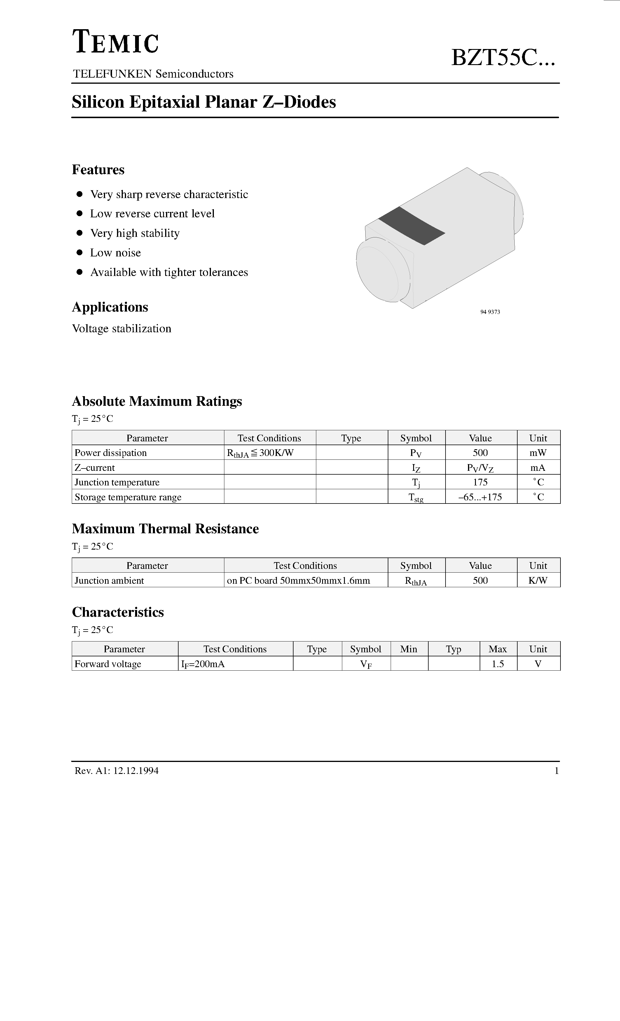 Даташит BZT55C - Silicon Epitaxial Planar Z-Diodes страница 1