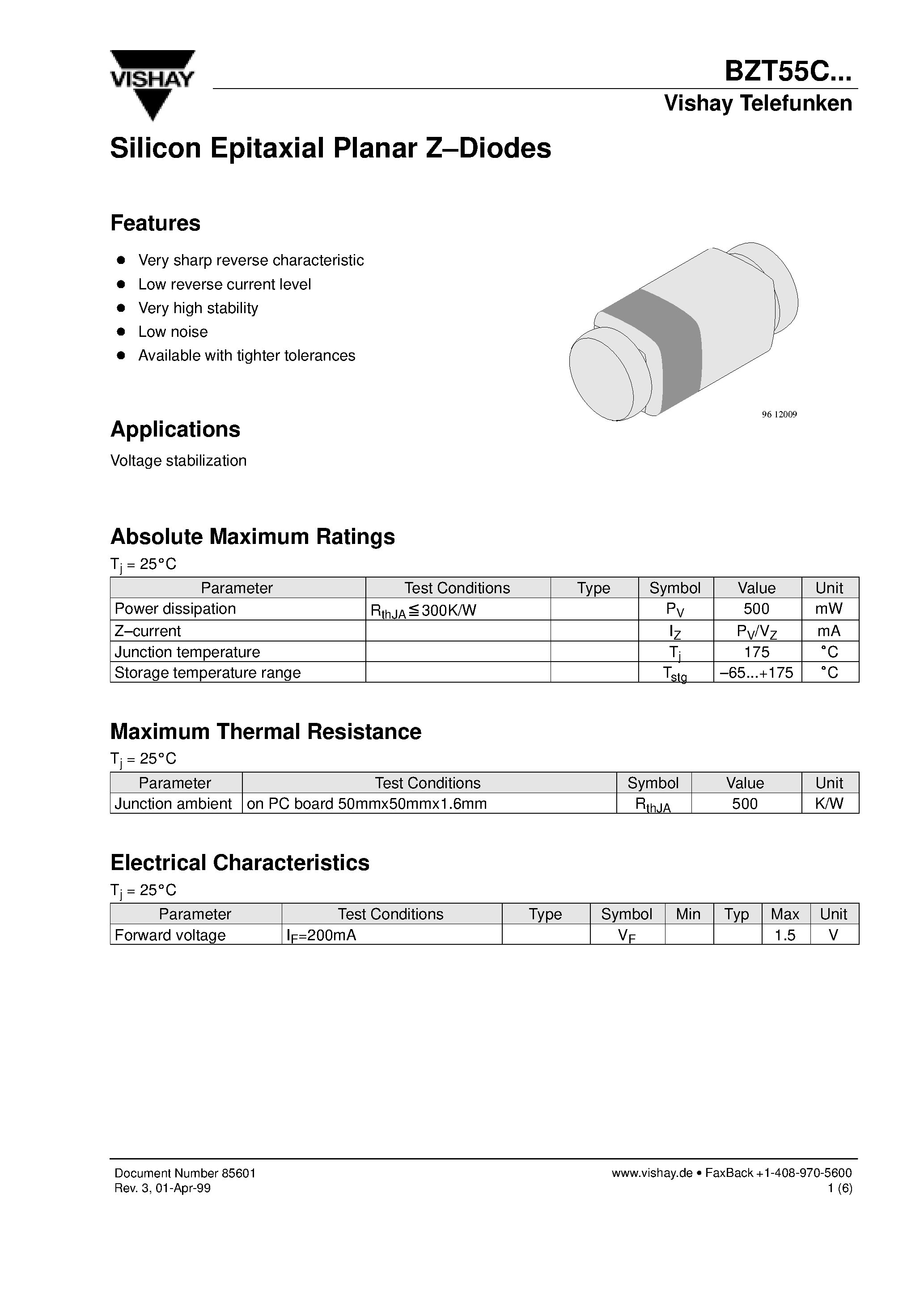 Даташит BZT55C - Silicon Epitaxial Planar Z-Diodes страница 1