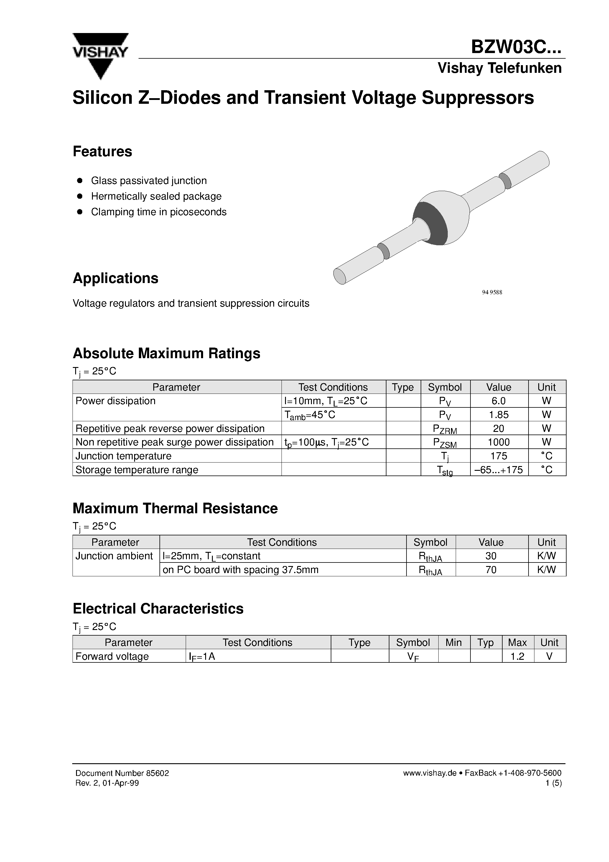 Даташит BZW03C - Silicon Z-Diodes and Transient Voltage Suppressors страница 1