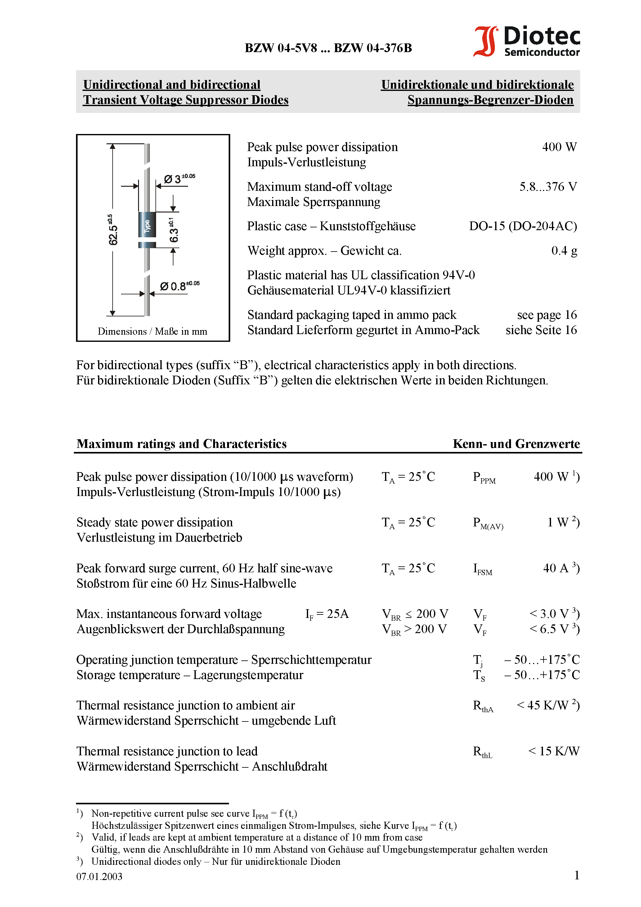 Datasheet BZW04-19 - Unidirectional and bidirectional Transient Voltage Suppressor Diodes page 1