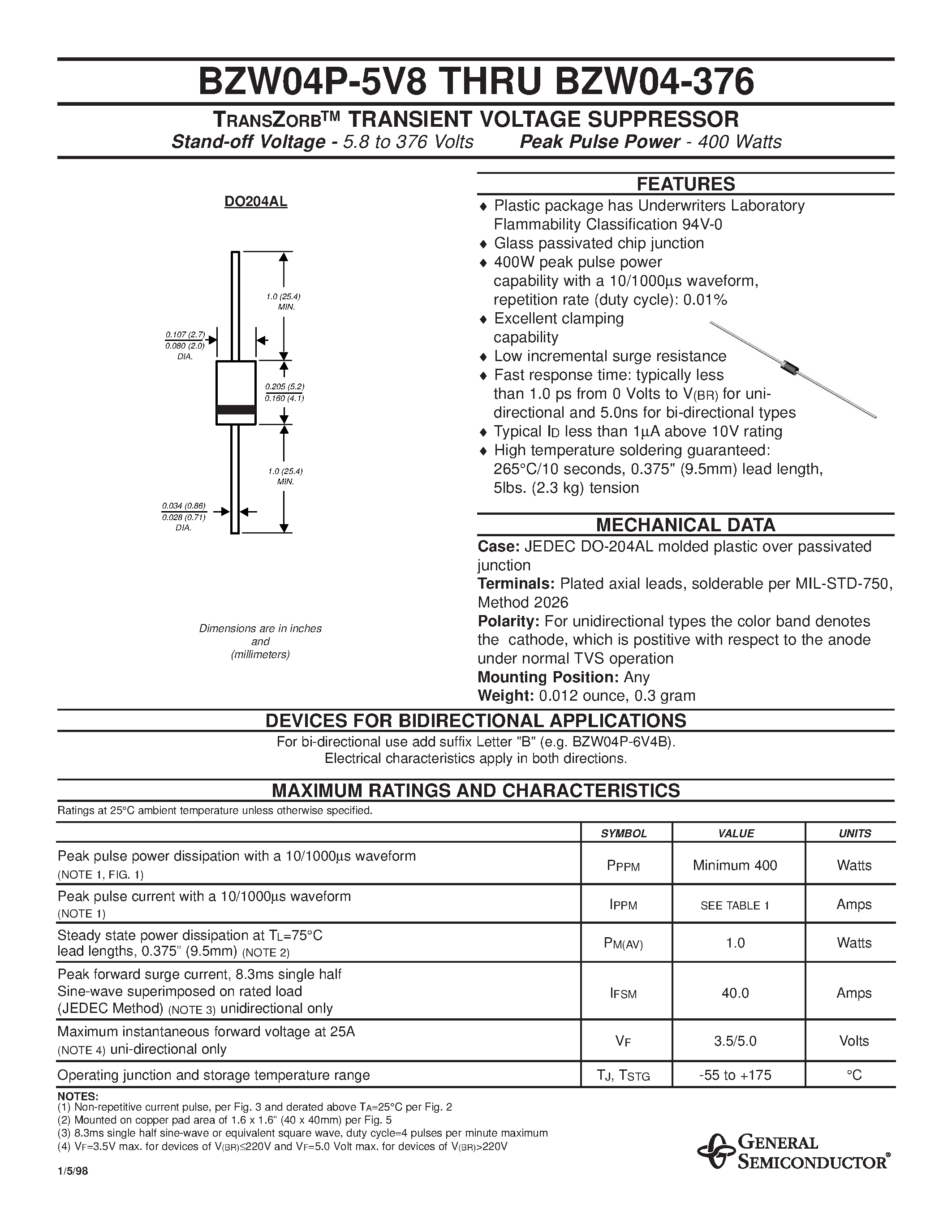 Даташит BZW04-239 - TRANSZORB TRANSIENT VOLTAGE SUPPRESSOR страница 1