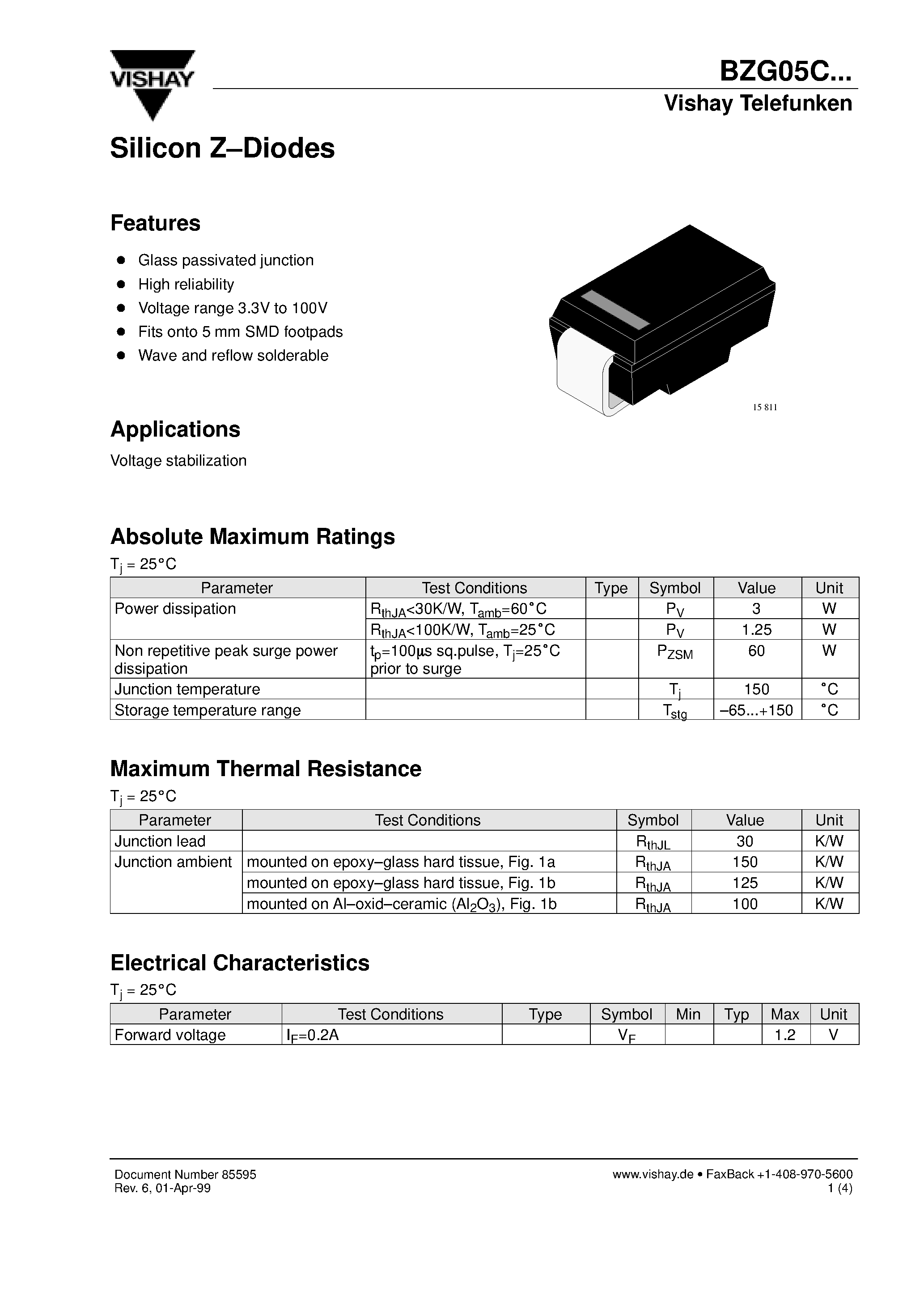 Даташит BZG05C - Silicon Z-Diodes страница 1