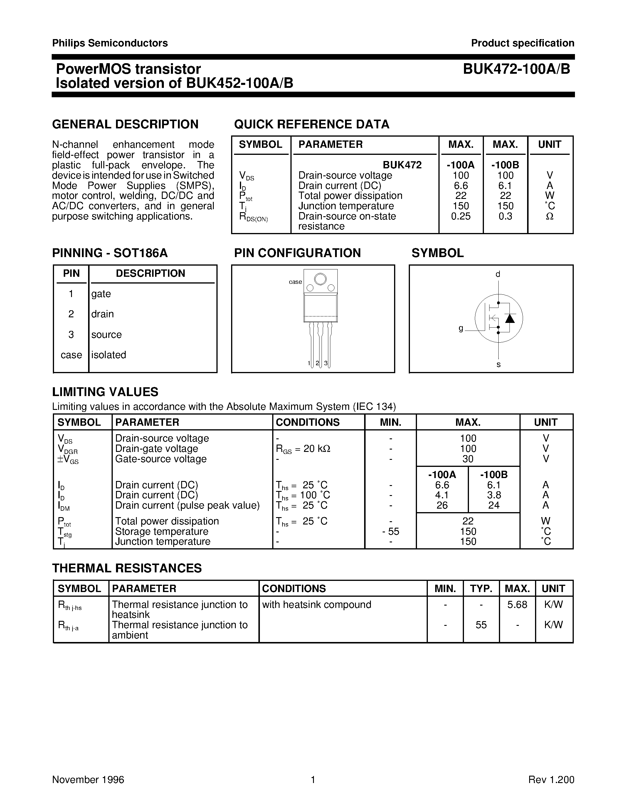 Datasheet BUK472-100A - PowerMOS transistor Isolated version of BUK452-100A/B page 1