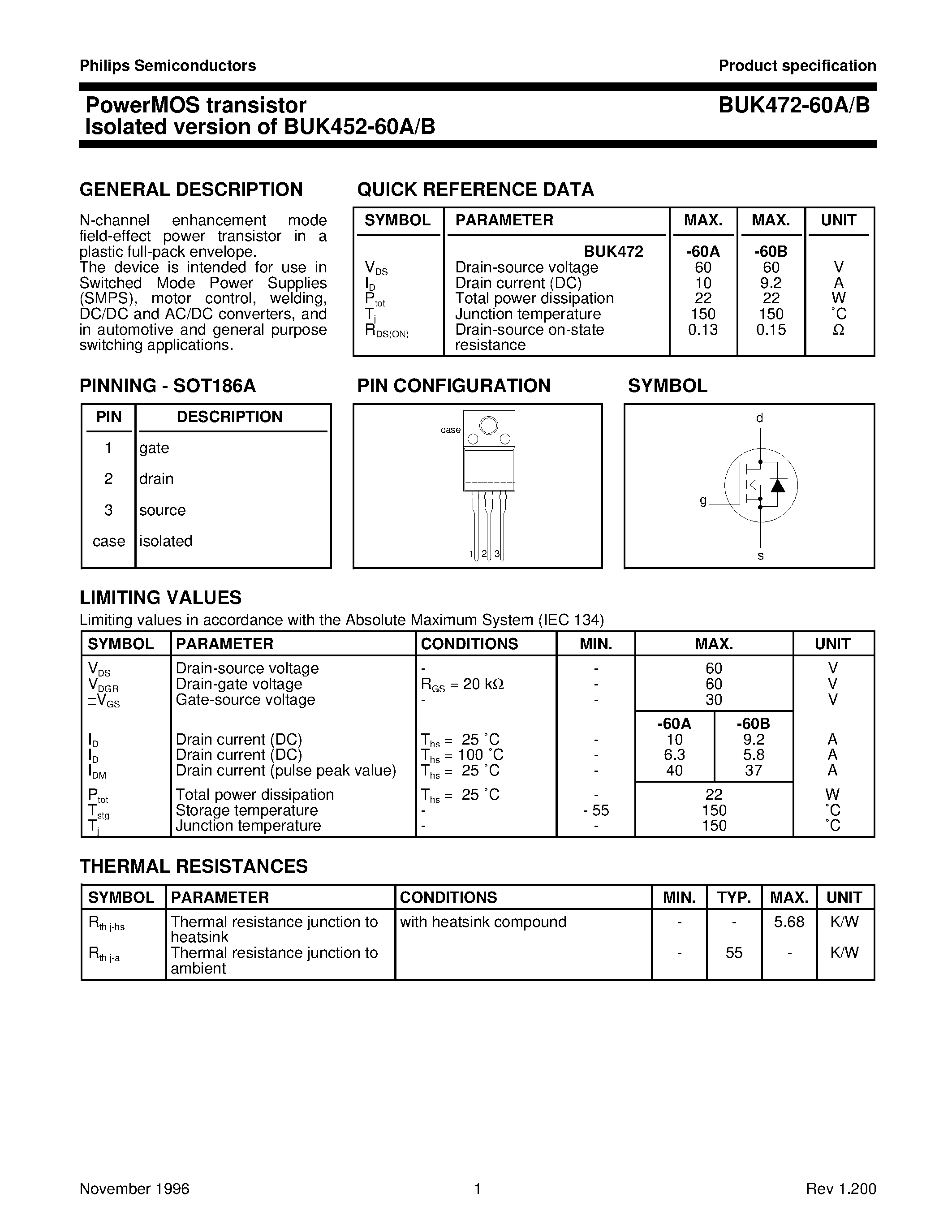 Datasheet BUK472-60A - PowerMOS transistor Isolated version of BUK452-60A/B page 1