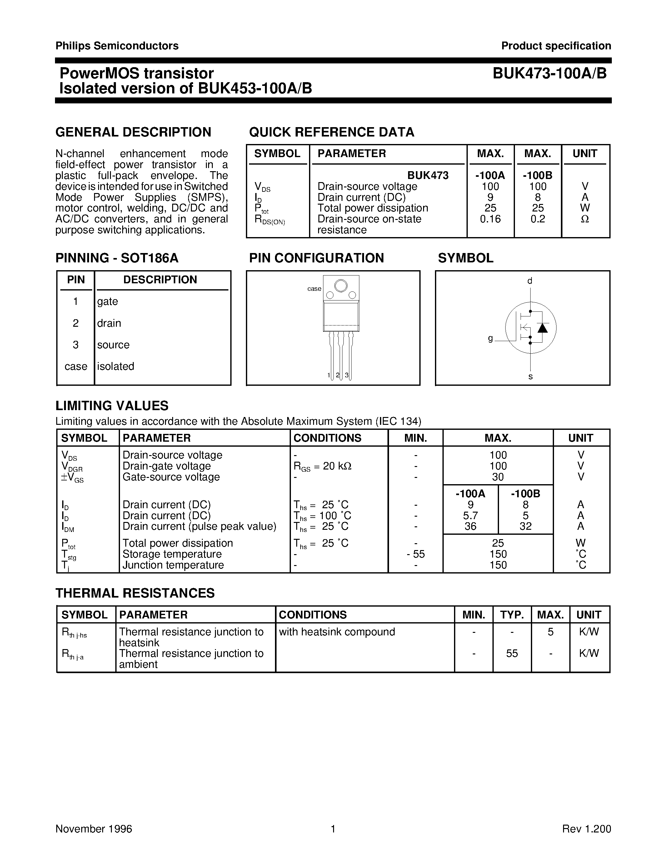 Datasheet BUK473-100A - PowerMOS transistor Isolated version of BUK453-100A/B page 1