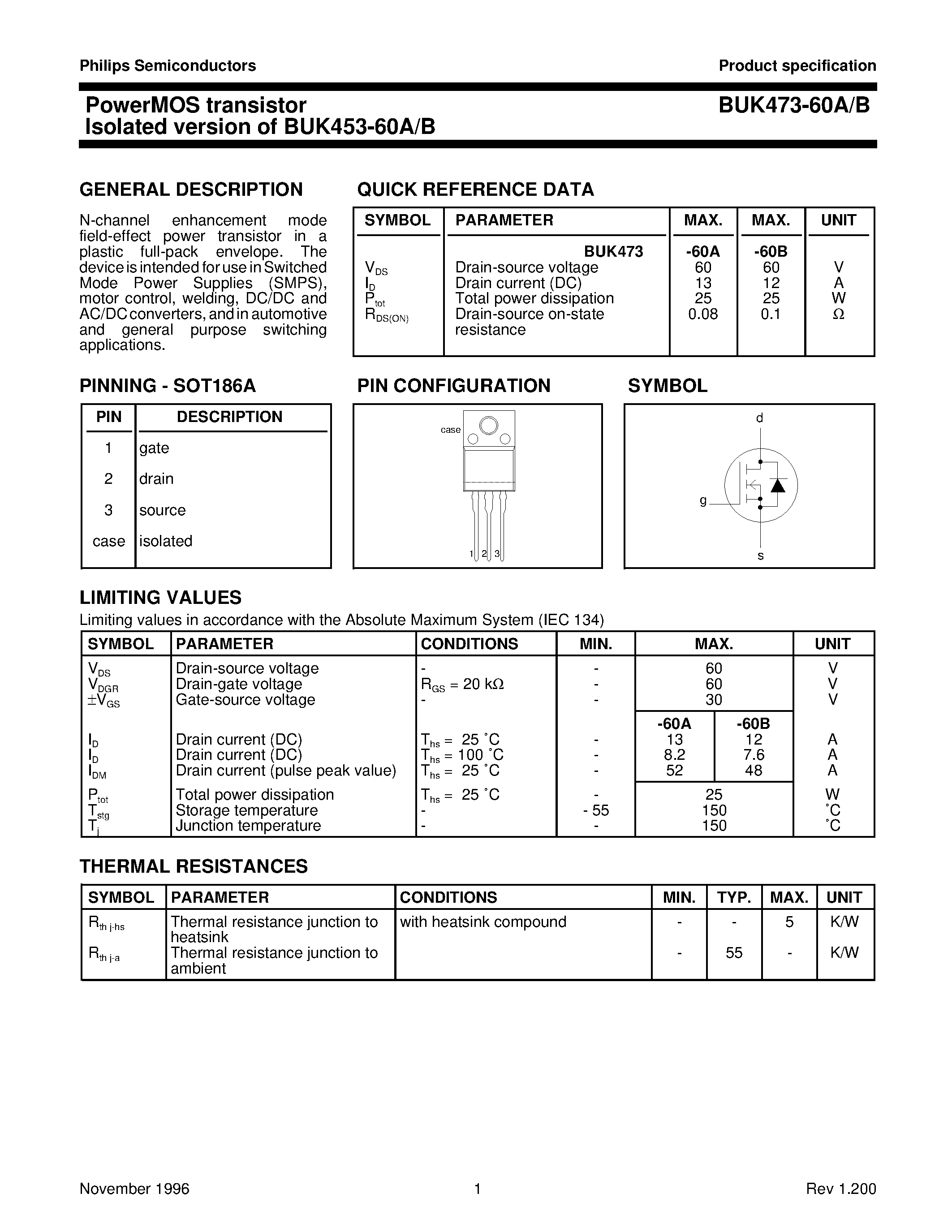 Datasheet BUK473-60A - PowerMOS transistor Isolated version of BUK453-60A/B page 1