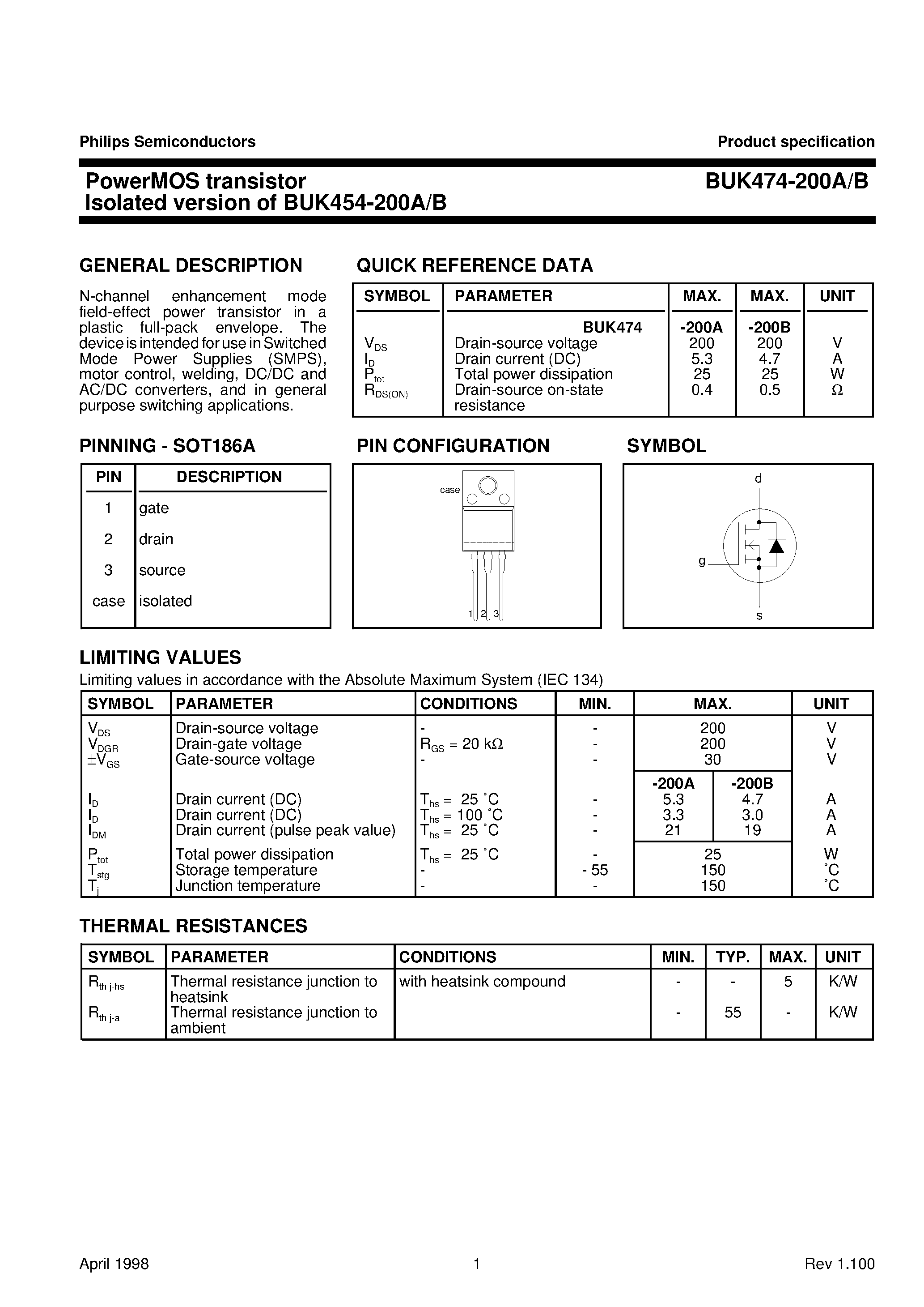 Datasheet BUK474-200A - PowerMOS transistor Isolated version of BUK454-200A/B page 1