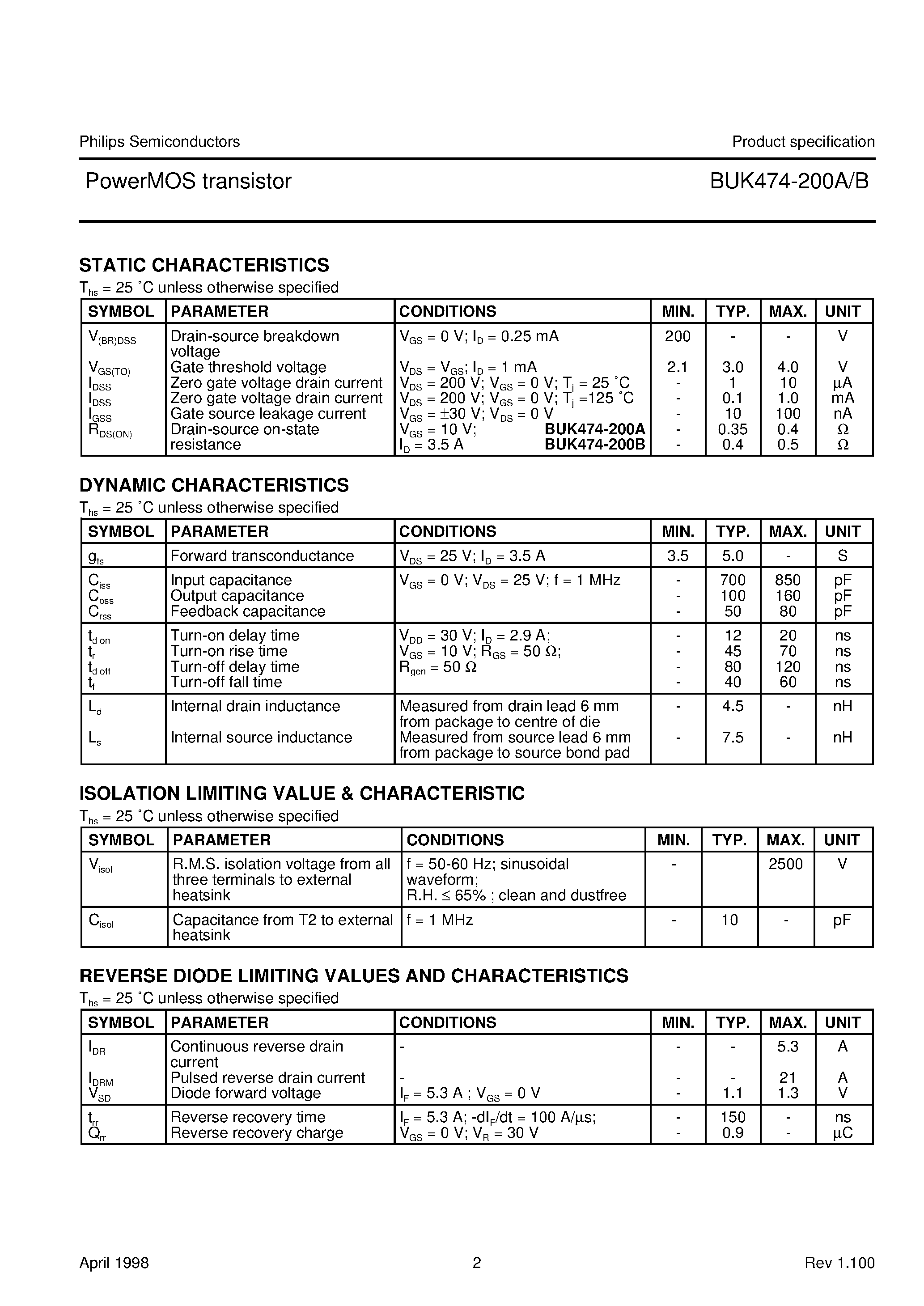 Datasheet BUK474-200B - PowerMOS transistor Isolated version of BUK454-200A/B page 2