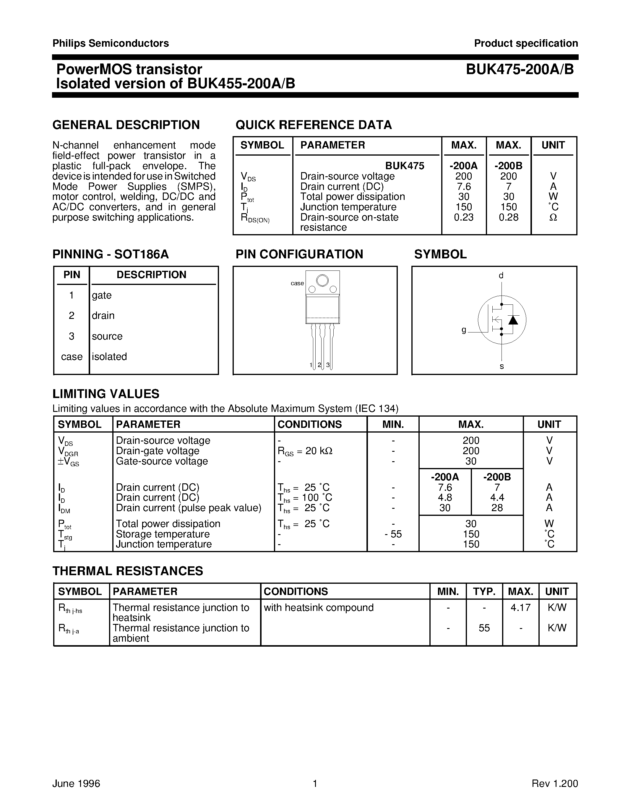 Datasheet BUK475-200A - PowerMOS transistor Isolated version of BUK455-200A/B page 1