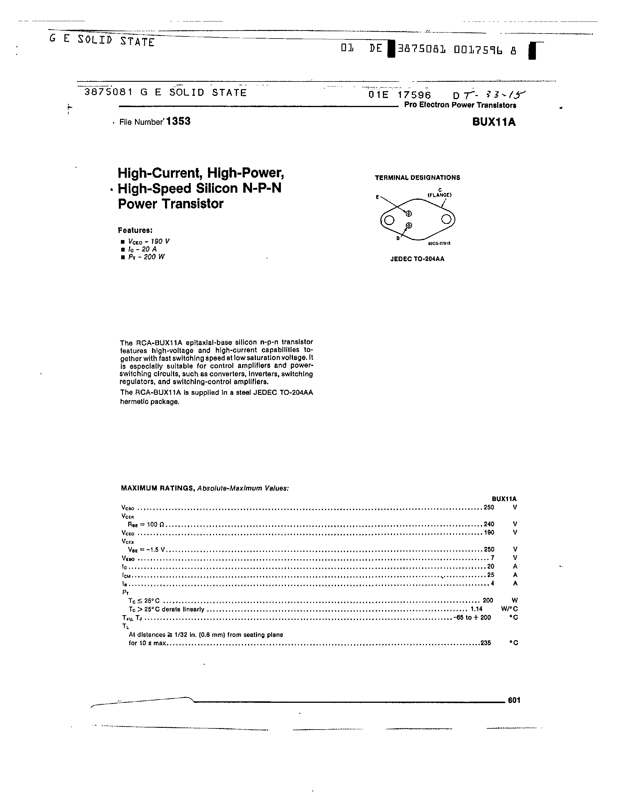 Даташит BUX11A - HIGH CURRENT HIGH POWER HIGH SPEED SILICON N-P-N POWER TRANSISTOR страница 1