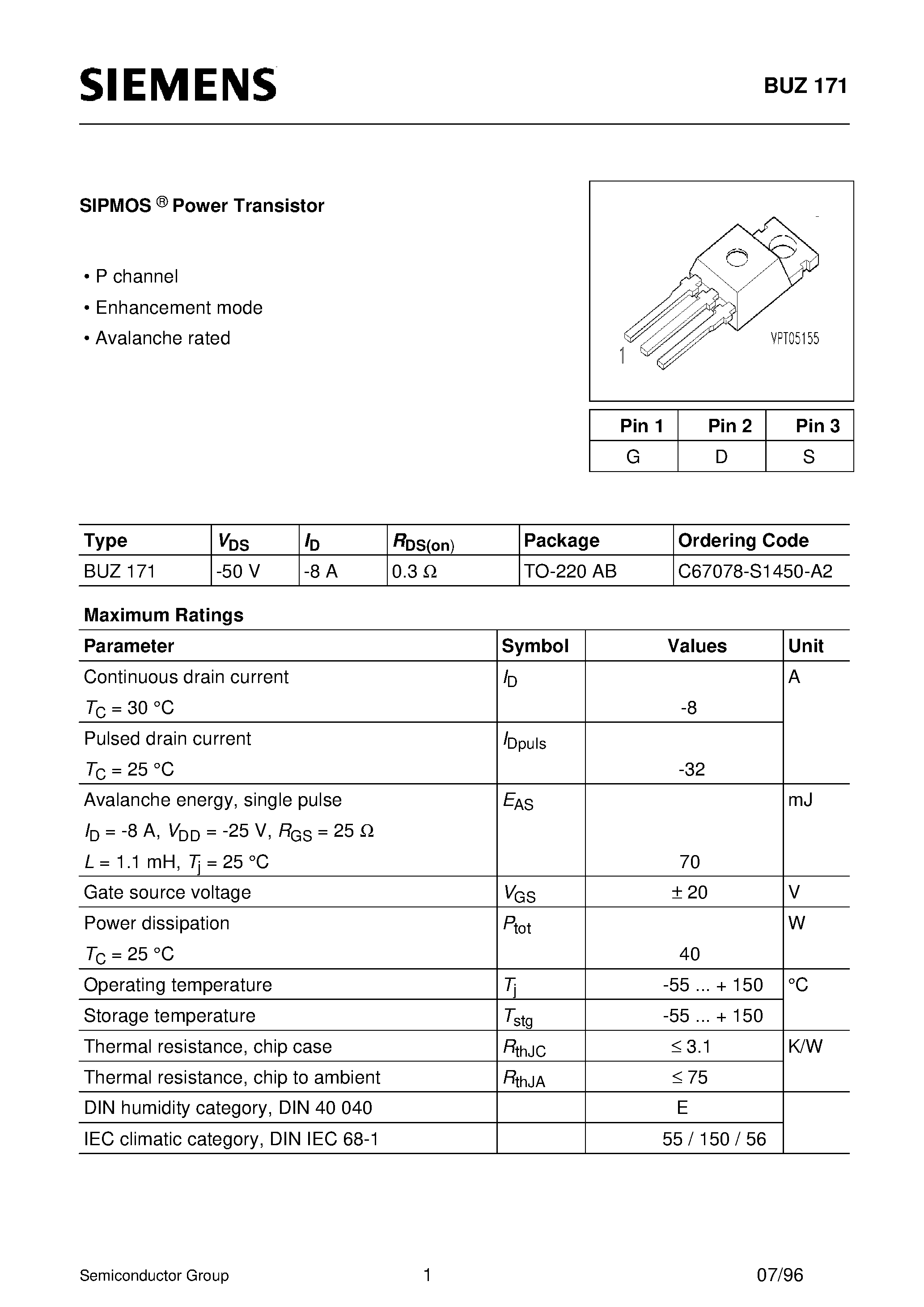 Даташит BUZ171 - SIPMOS Power Transistor (P channel Enhancement mode Avalanche rated) страница 1