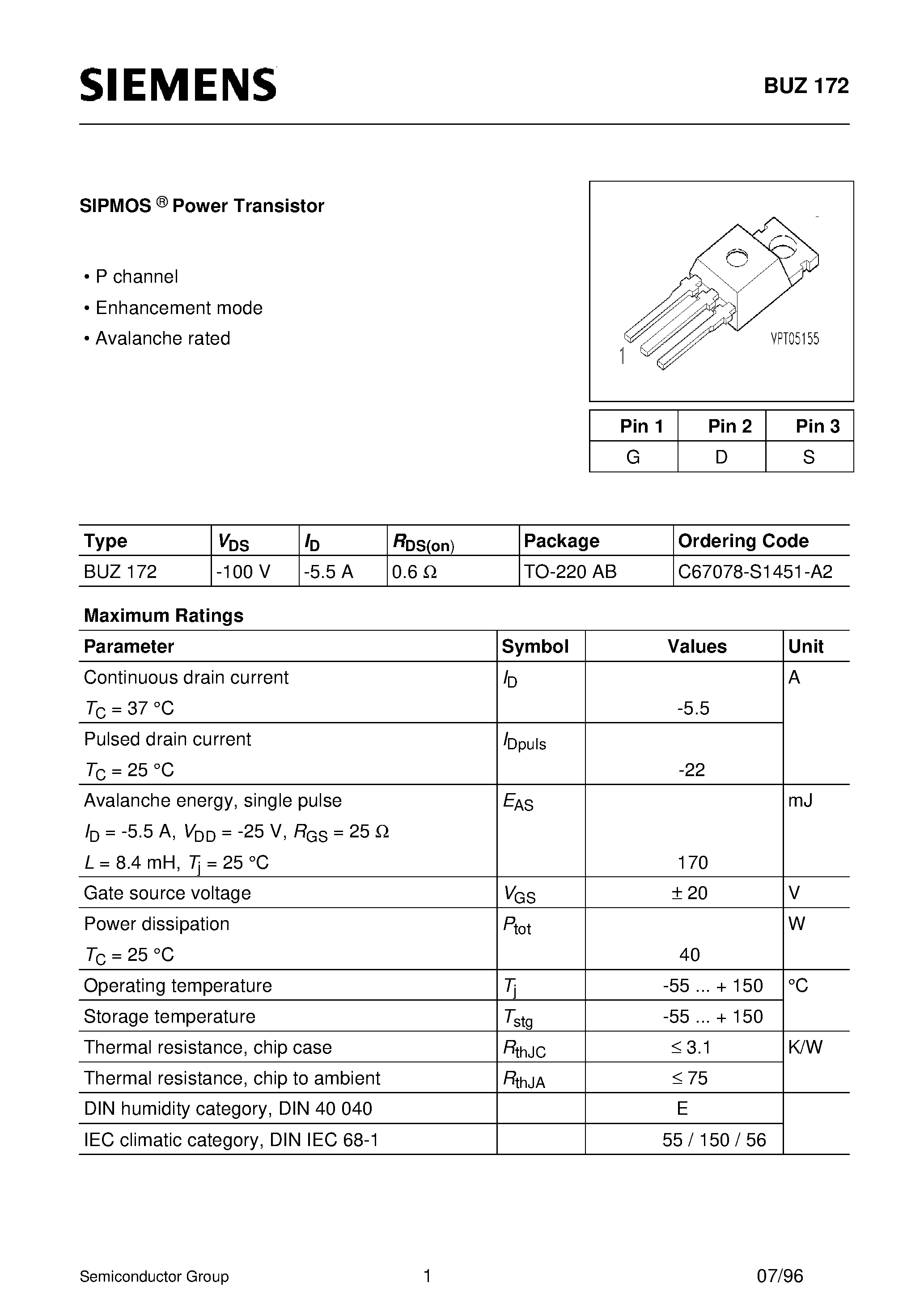 Даташит BUZ172 - SIPMOS Power Transistor (P channel Enhancement mode Avalanche rated) страница 1